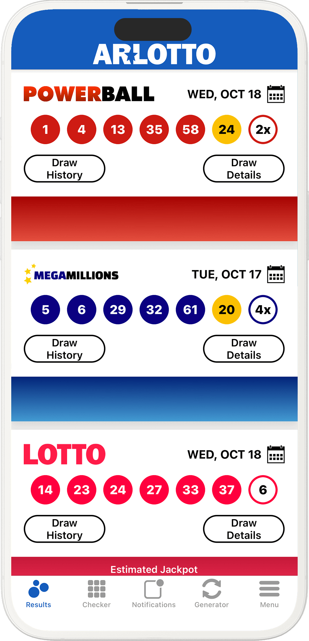Image of the Arkansas Lottery Results app on iOS