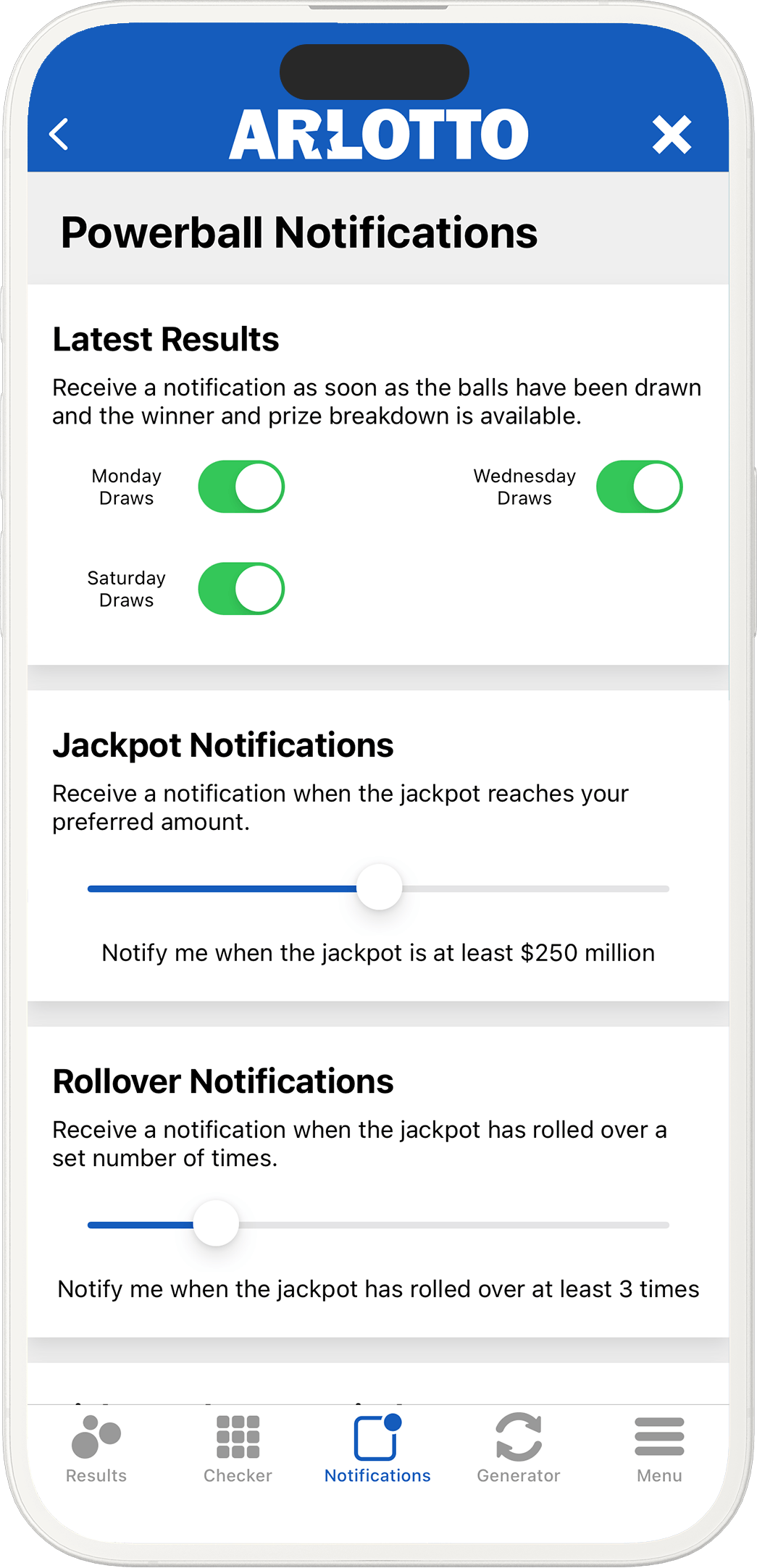 An image showing the Arkansas app notification options