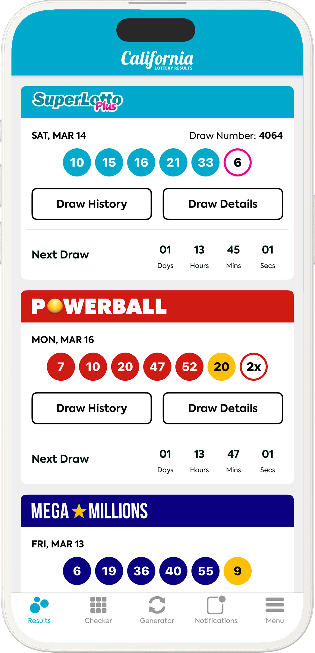 Image of the California Lottery Results app on iOS