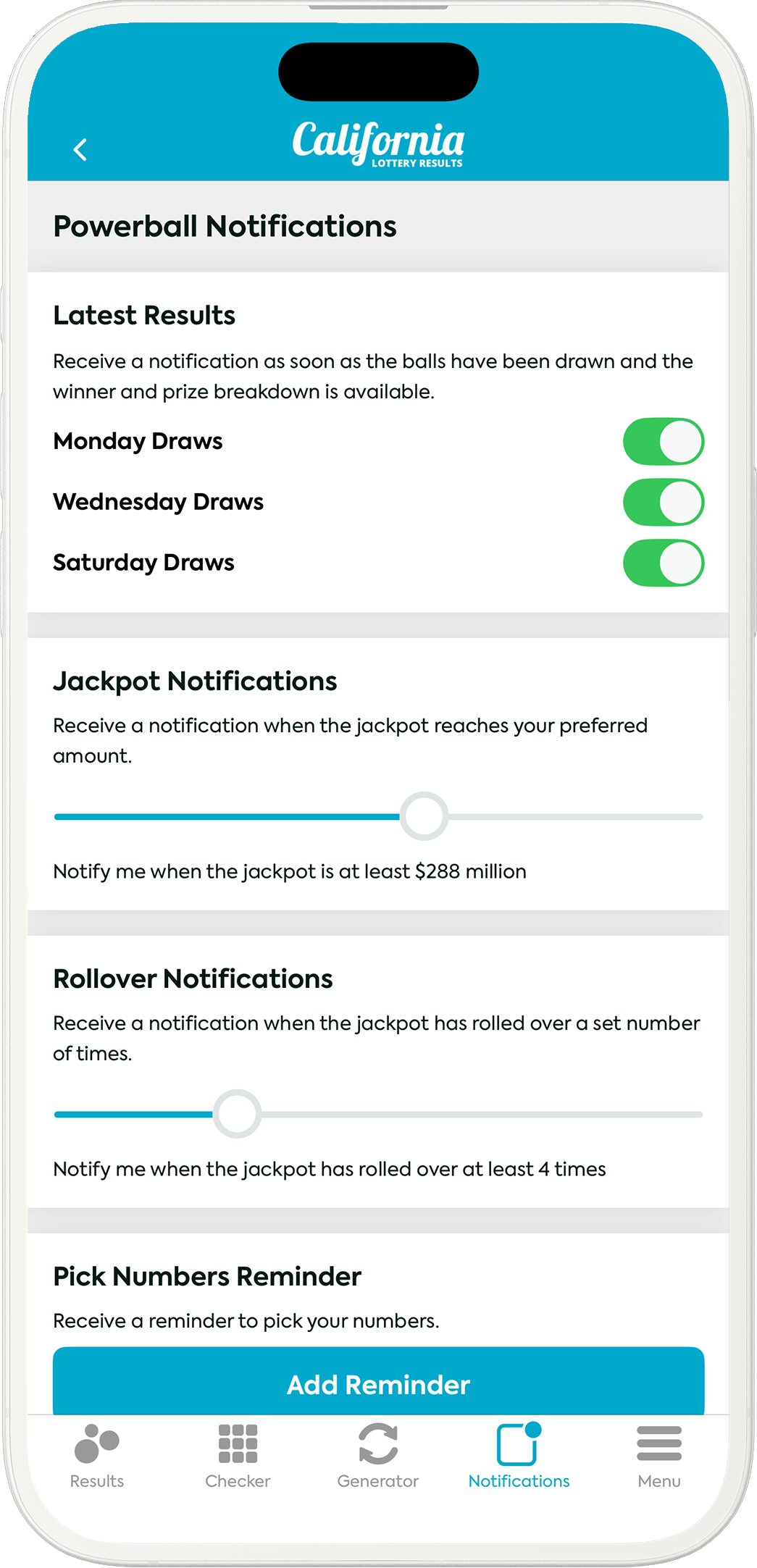 An image showing the California app notification options