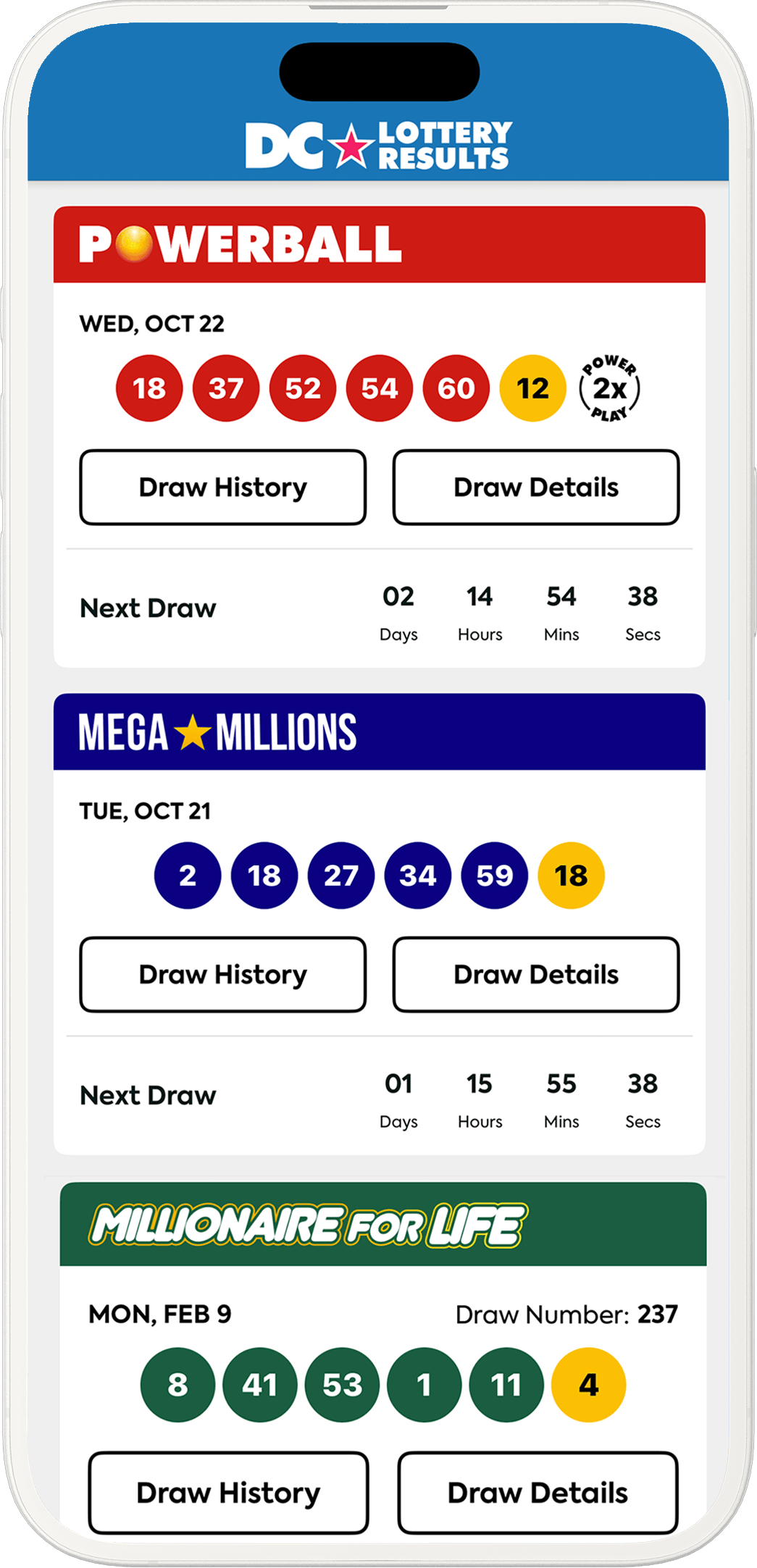 Image of the District of Columbia Lottery Results app on iOS