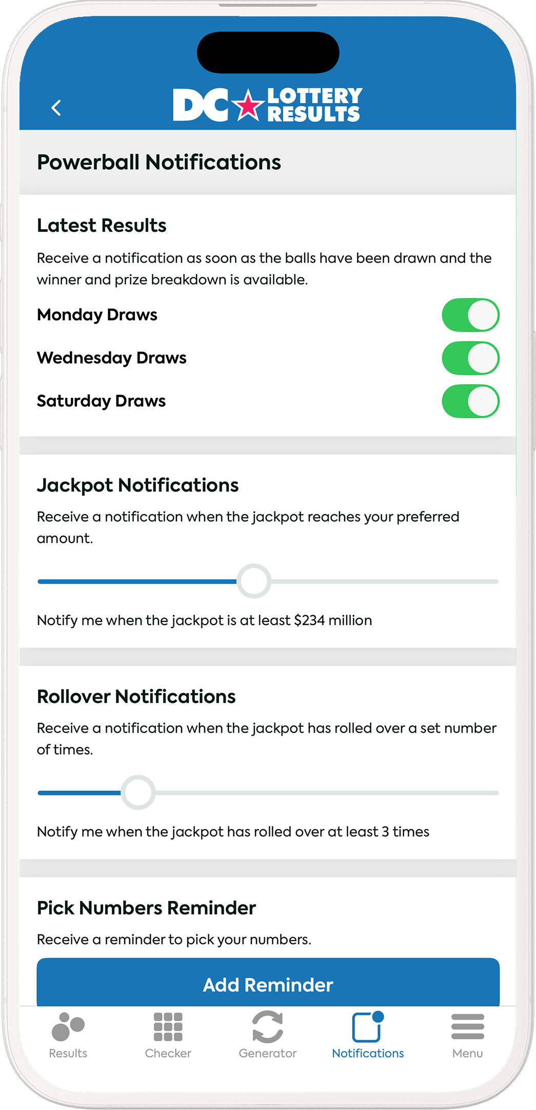 An image showing the District of Columbia app notification options