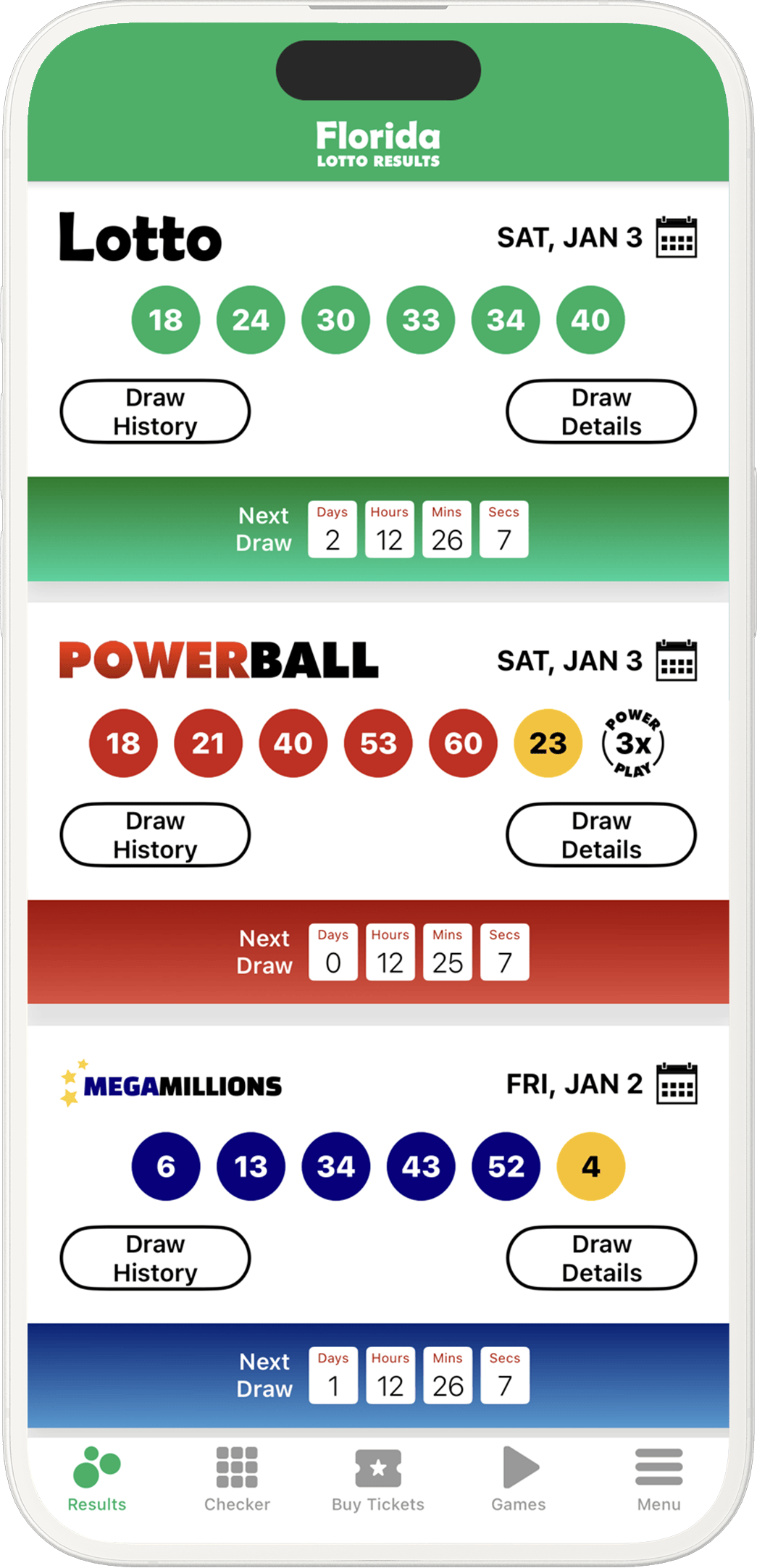 Image of the Florida Lottery Results app on iOS