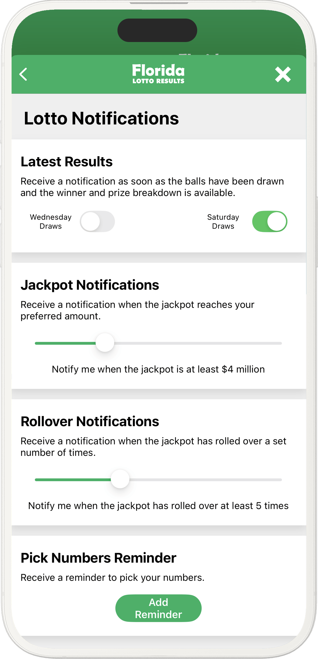 An image showing the Florida app notification options