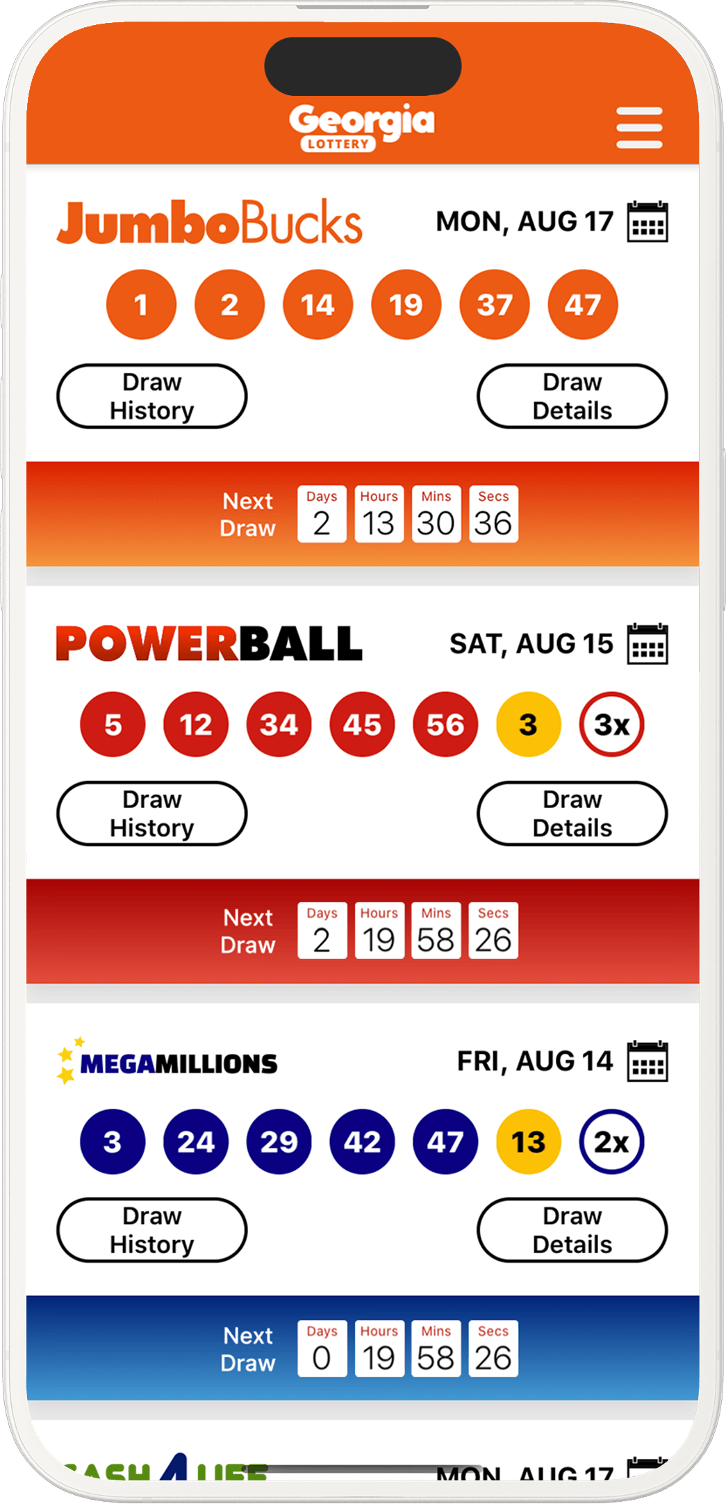 Image of the Georgia Lottery Results app on iOS