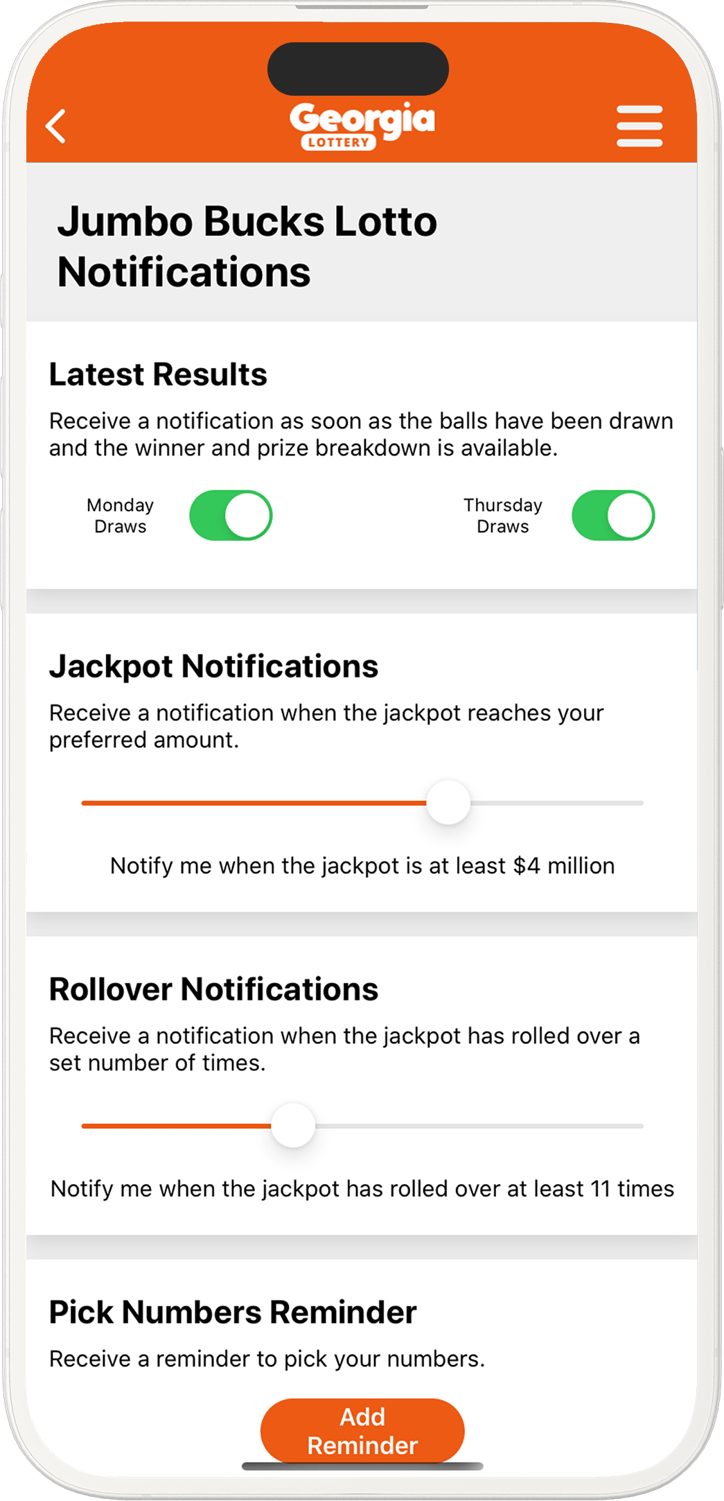 An image showing the Georgia app notification options