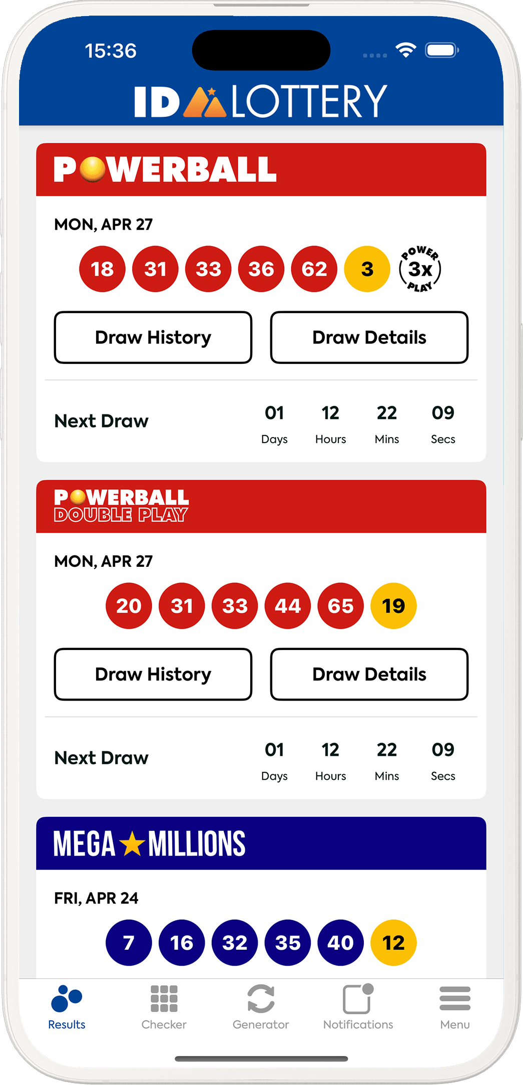 Image of the Idaho Lottery Results app on iOS