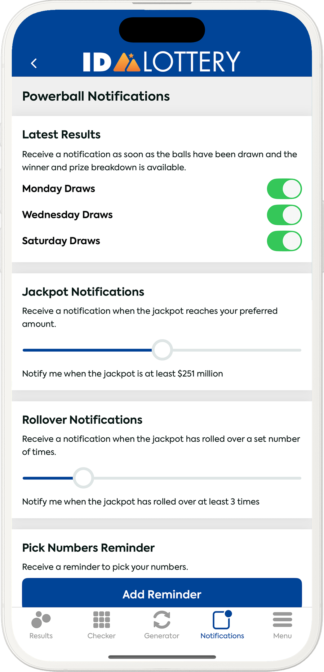 An image showing the Idaho app notification options