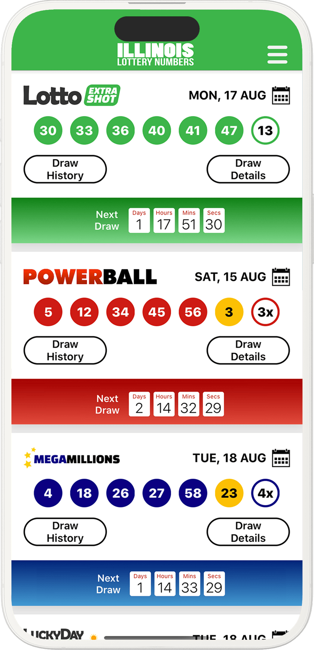 Image of the Illinois Lottery Results app on iOS