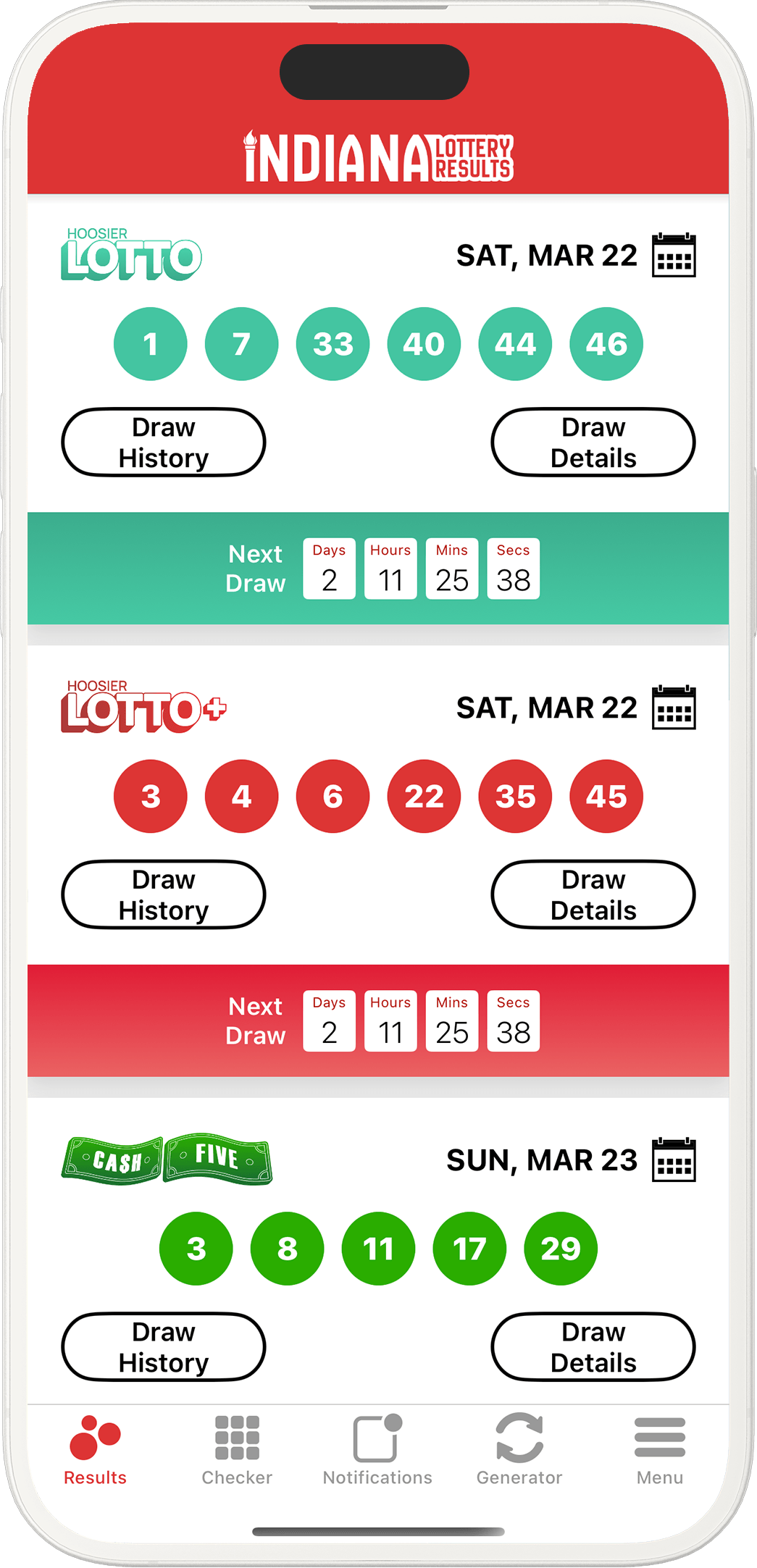 Image of the Indiana Lottery Results app on iOS