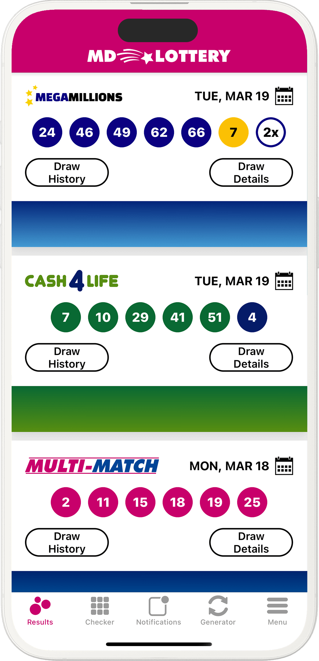 Image of the Maryland Lottery Results app on iOS