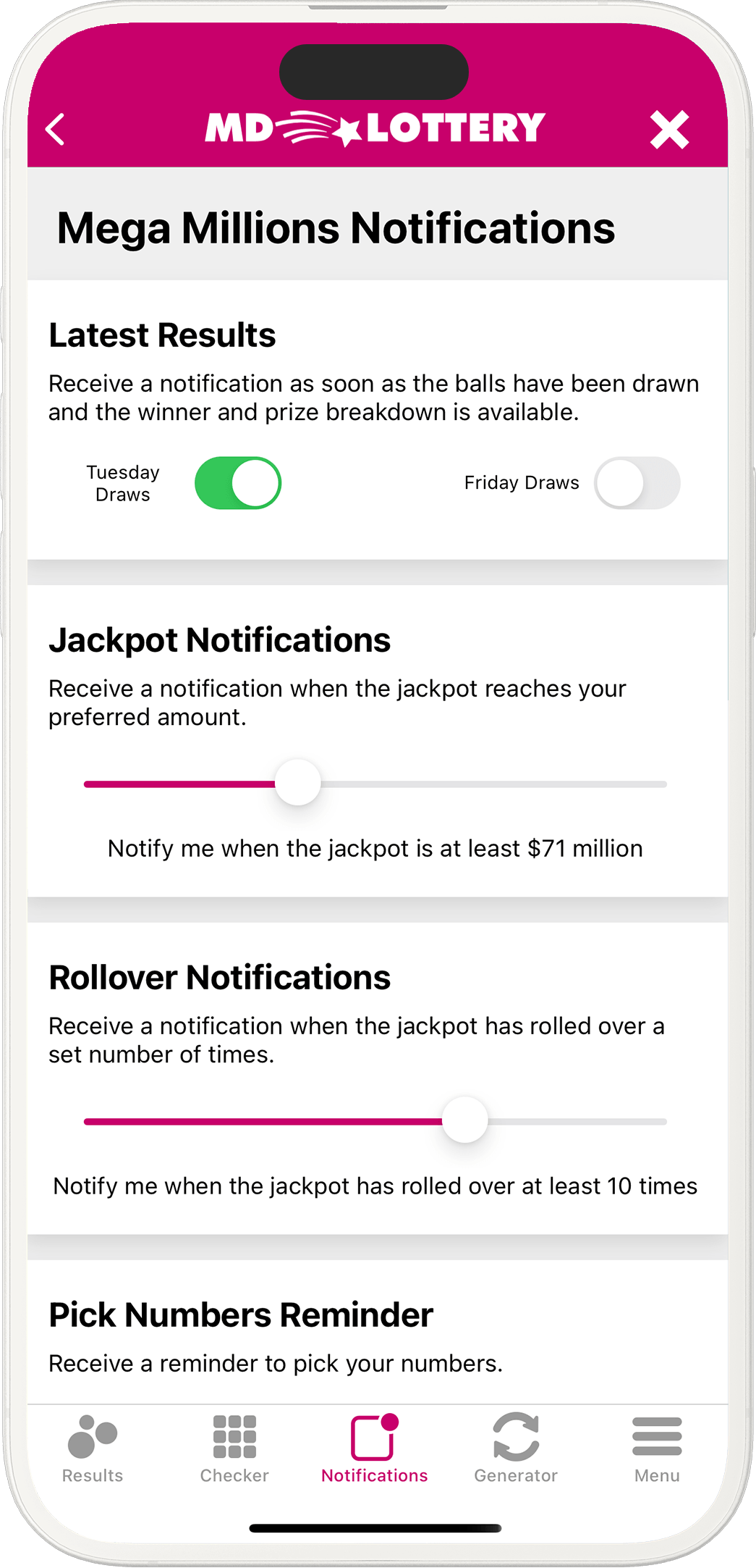 An image showing the Maryland app notification options
