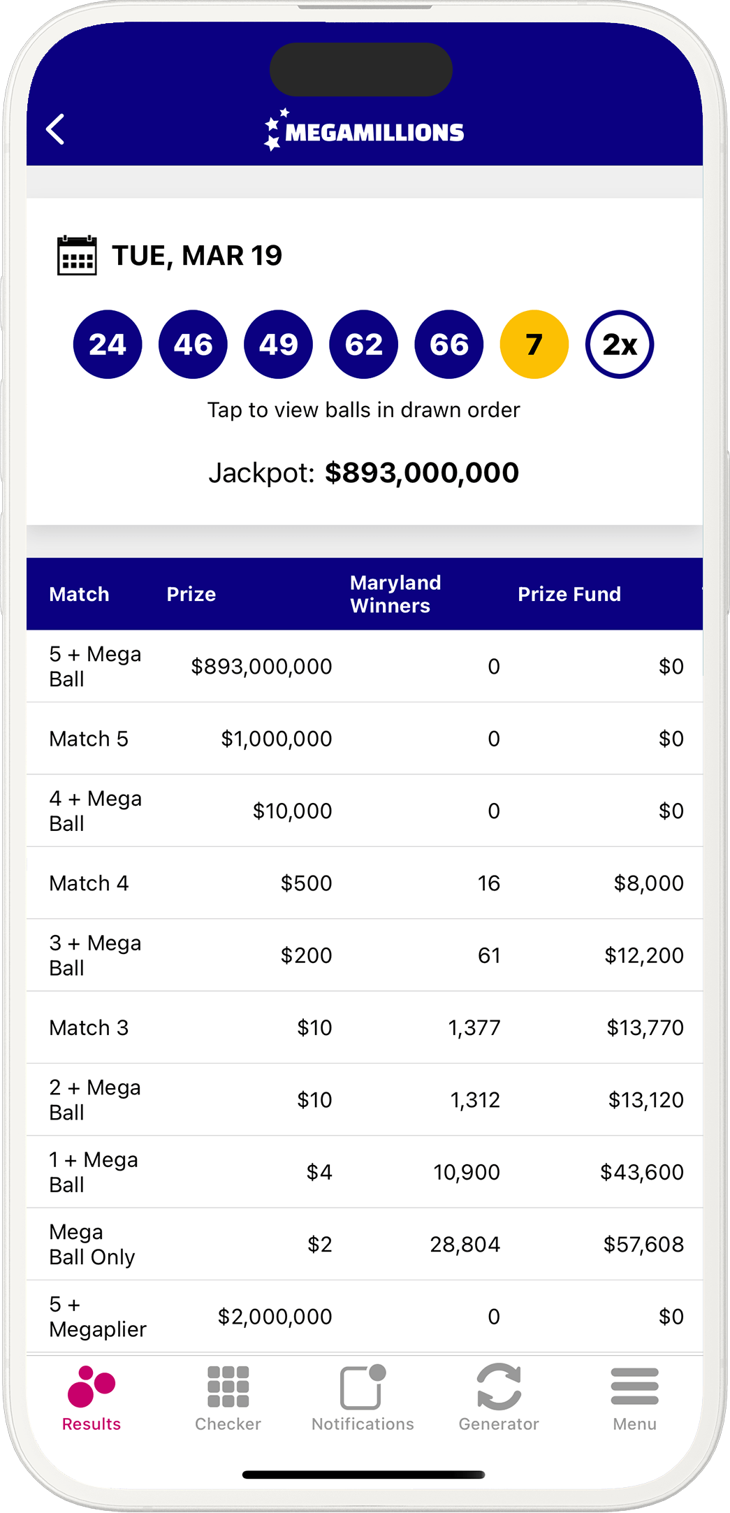 An image showing the Maryland app results pages