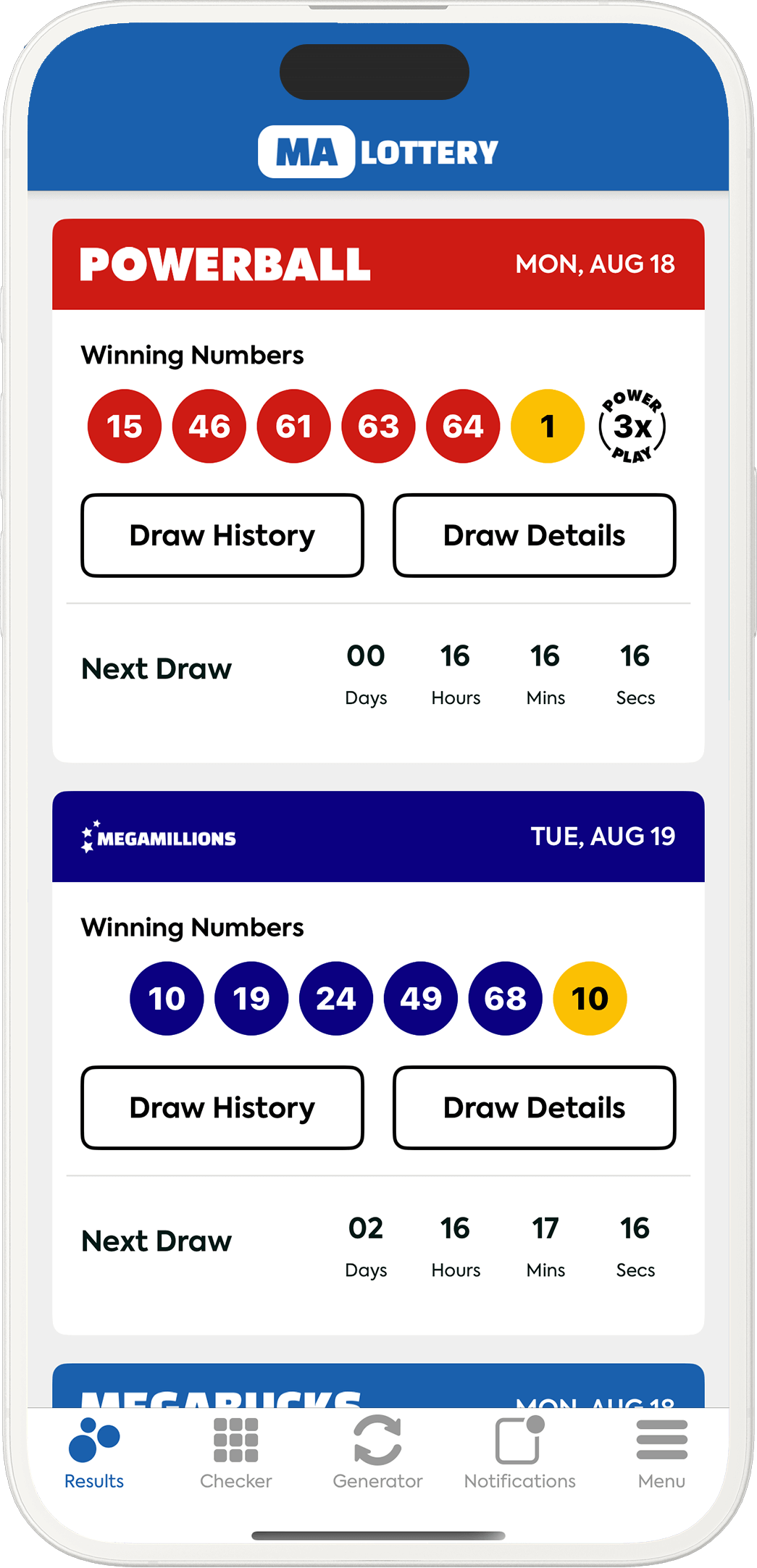 Image of the Massachusetts Lottery Results app on iOS