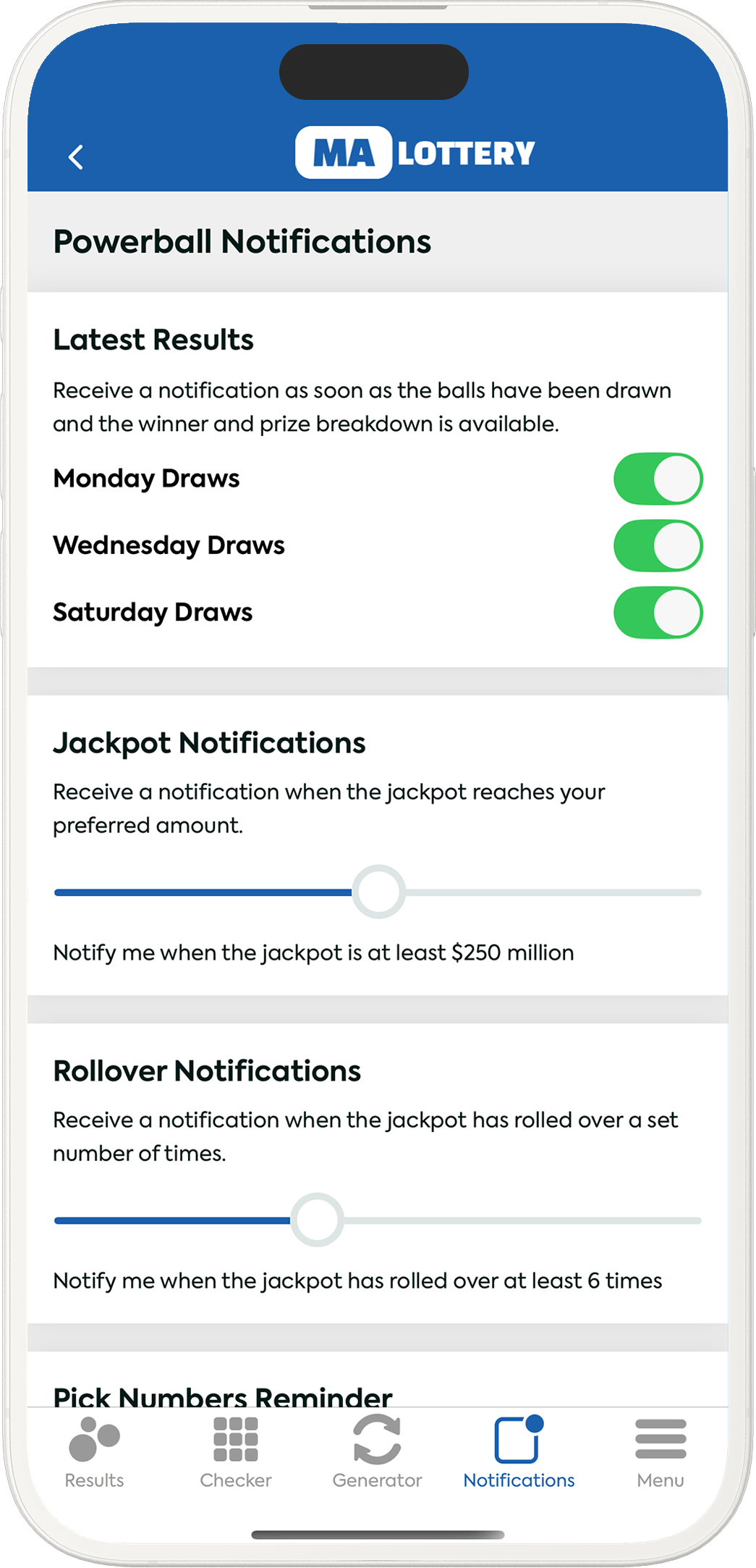 An image showing the Massachusetts app notification options