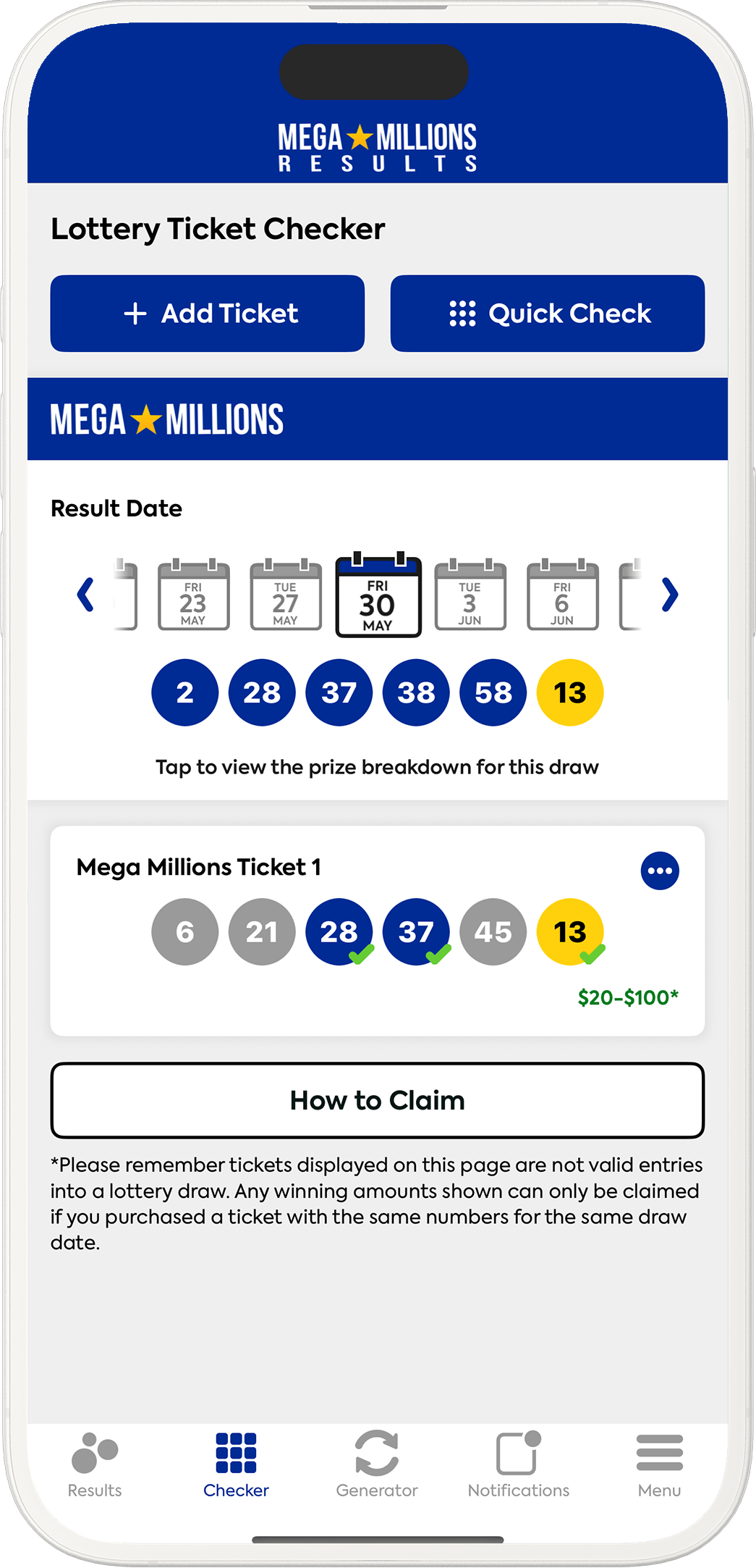 An image showing the Mega Millions app checker screen