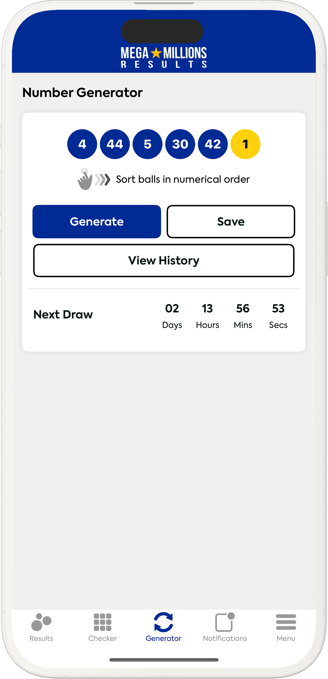 An image showing the Mega Millions app generator screen