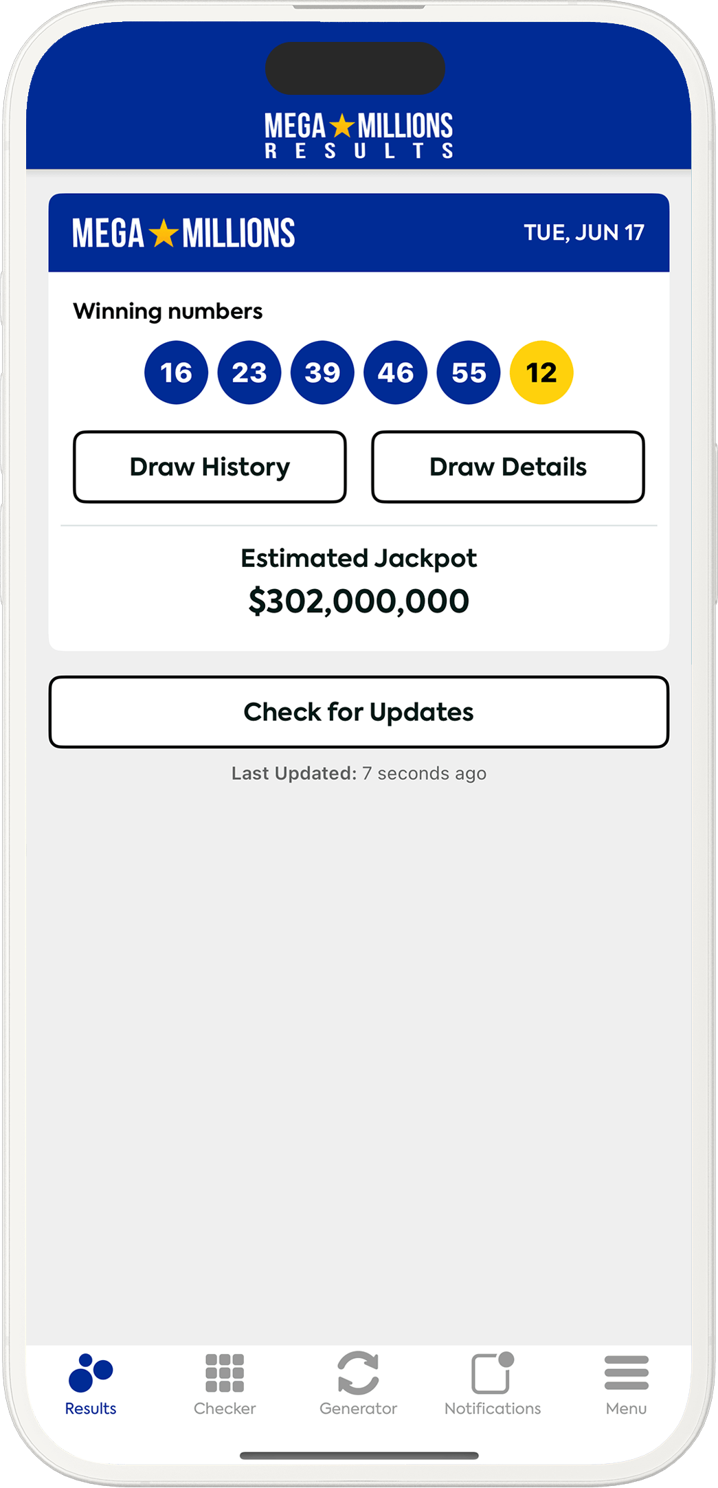 Image of the Mega Millions Lottery Results app on iOS
