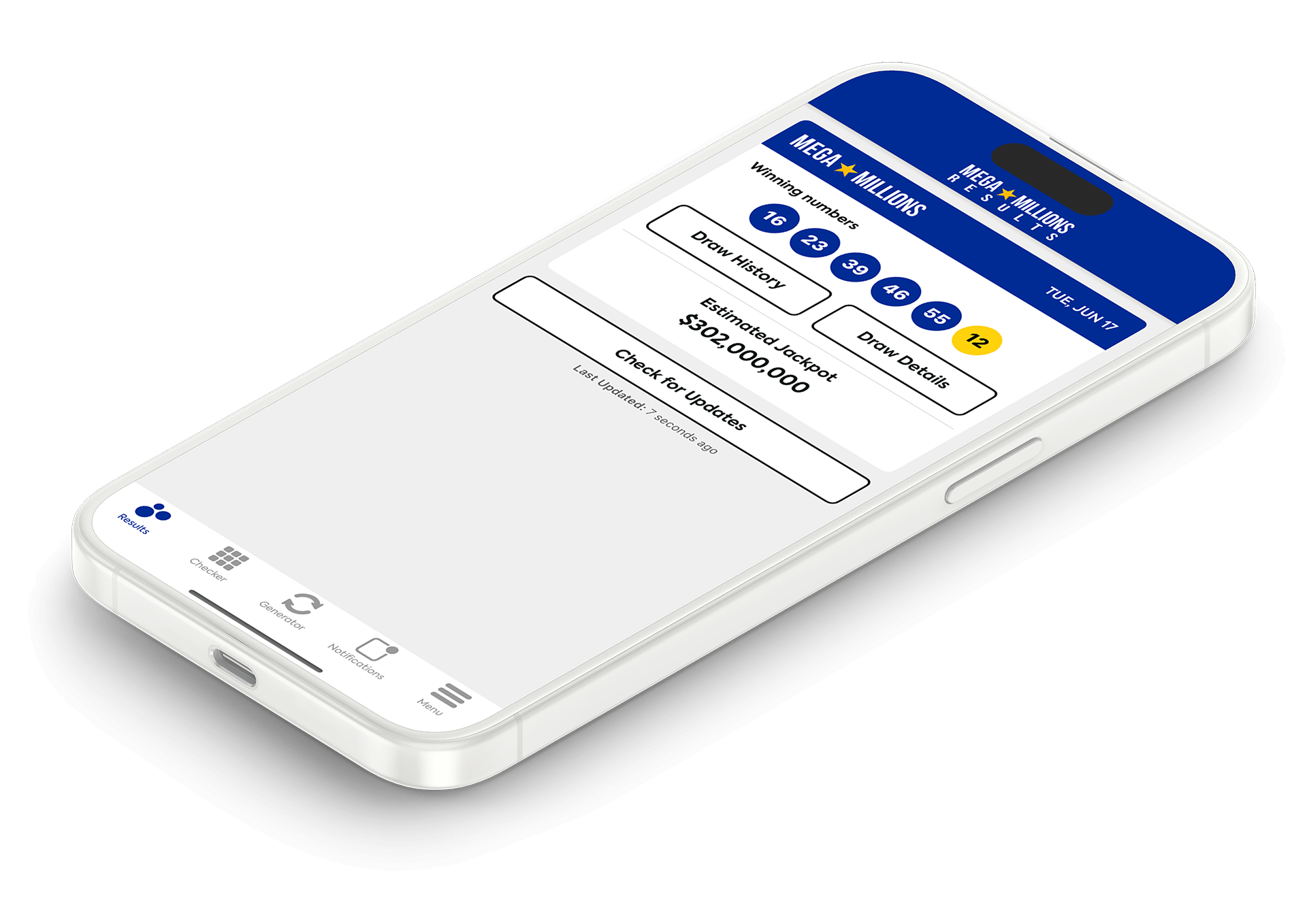 Image of the Mega Millions Lottery Results app on iOS