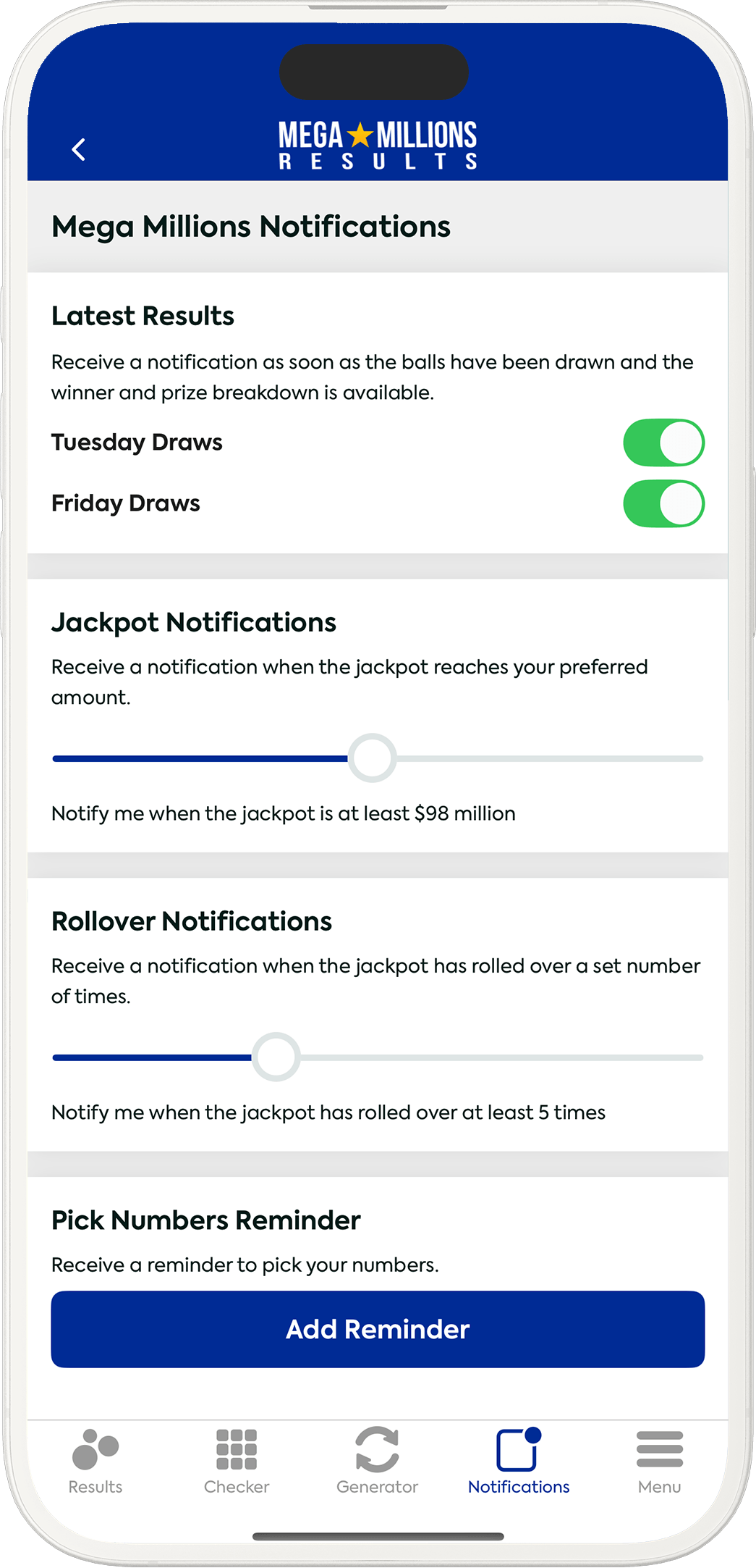 An image showing the Mega Millions app notification options