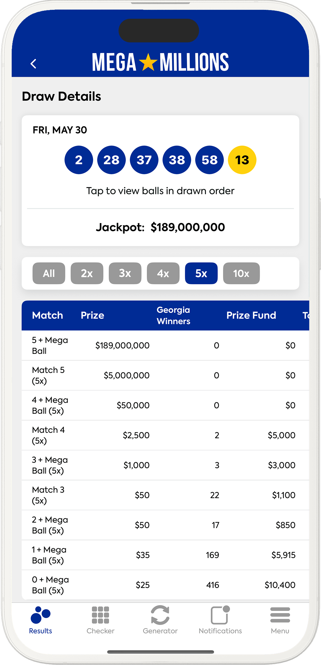 An image showing the Mega Millions app results pages