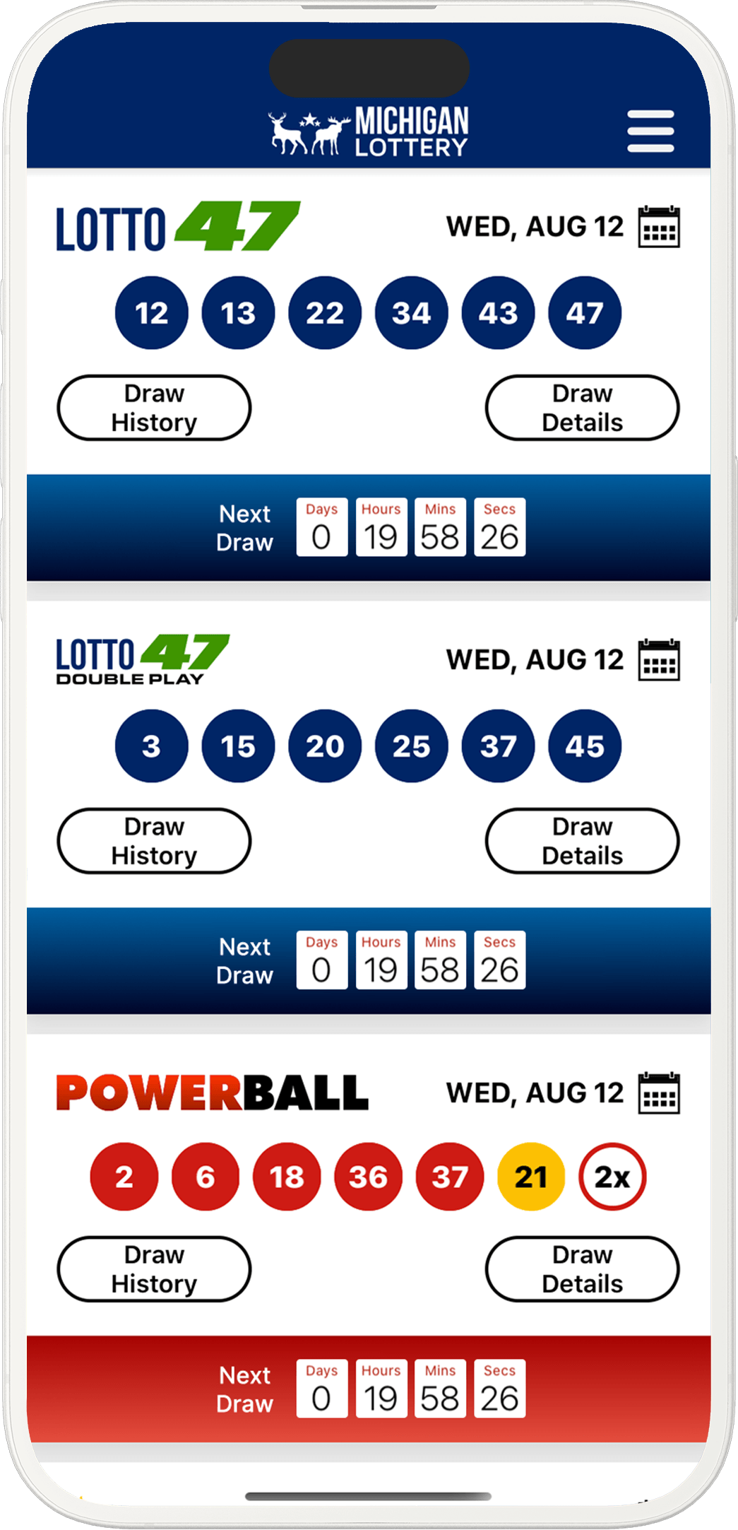 Image of the Michigan Lottery Results app on iOS