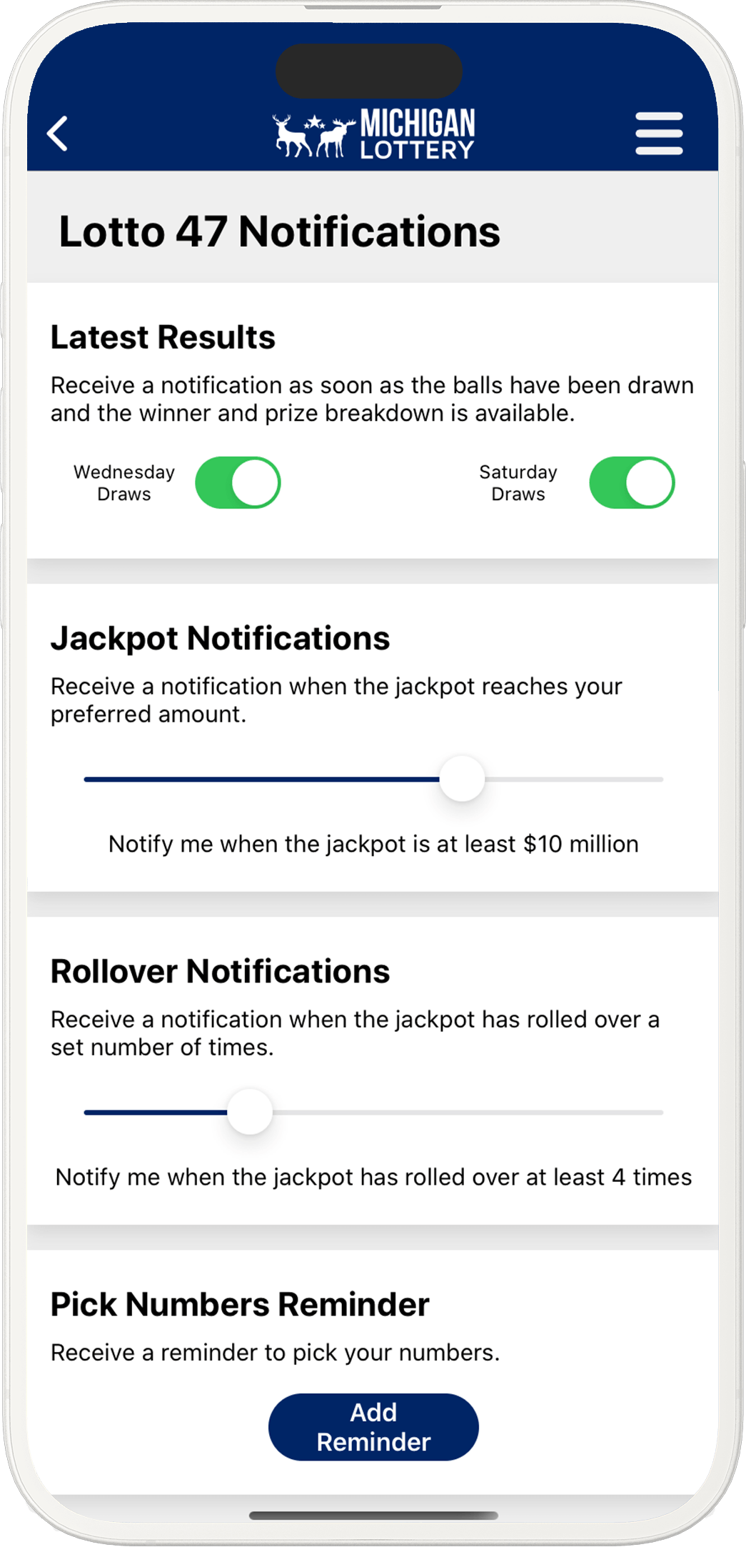 An image showing the Michigan app notification options