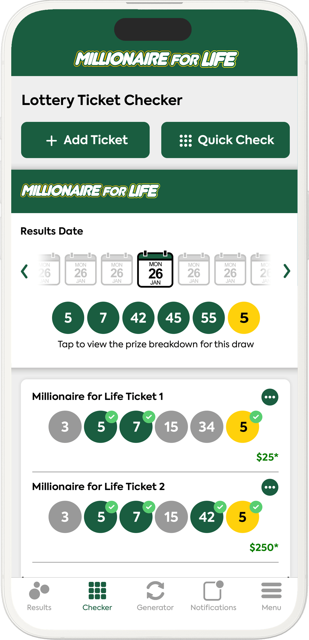An image showing the Millionaire for Life app checker screen