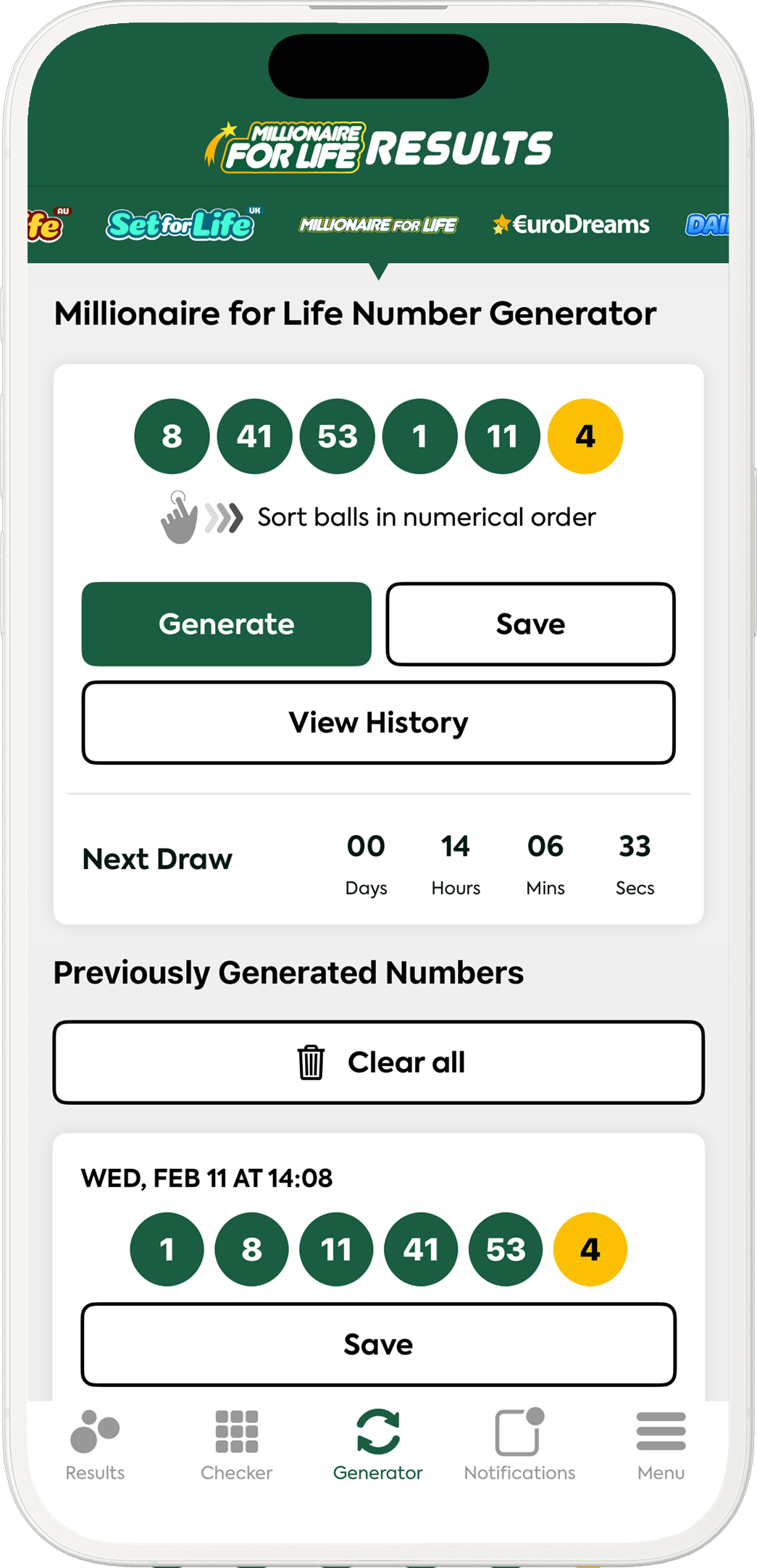 An image showing the Millionaire for Life app generator screen