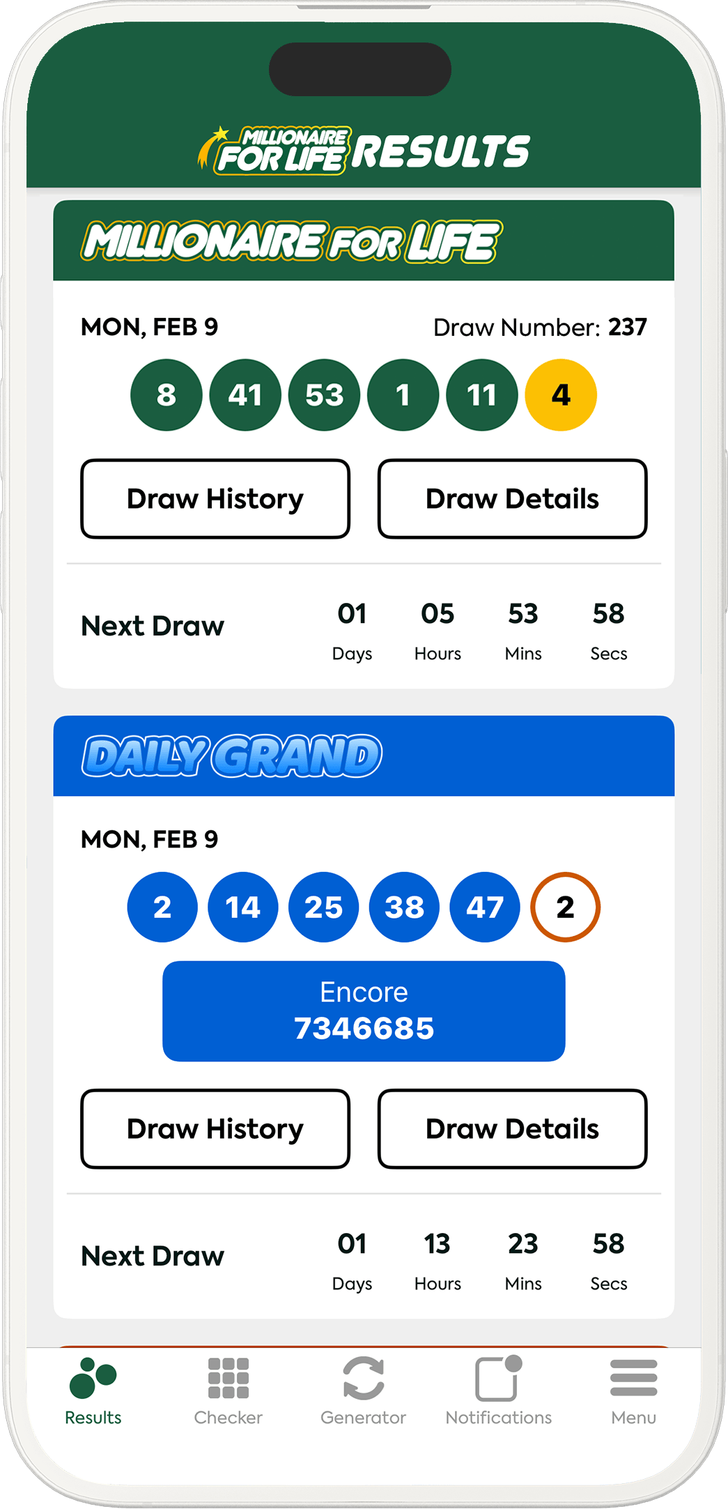 Image of the Millionaire for Life Lottery Results app on iOS