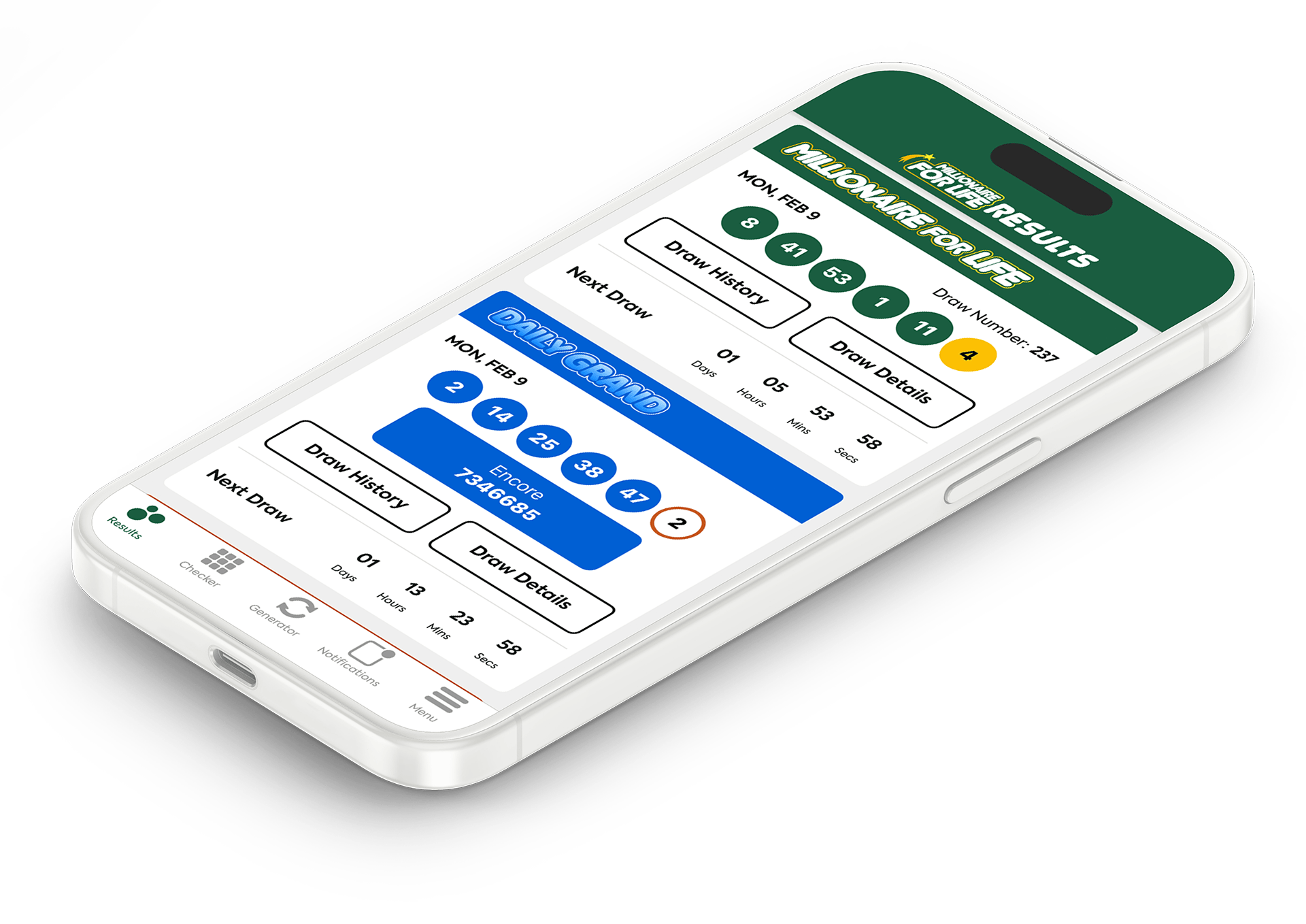 Image of the Millionaire for Life Lottery Results app on iOS