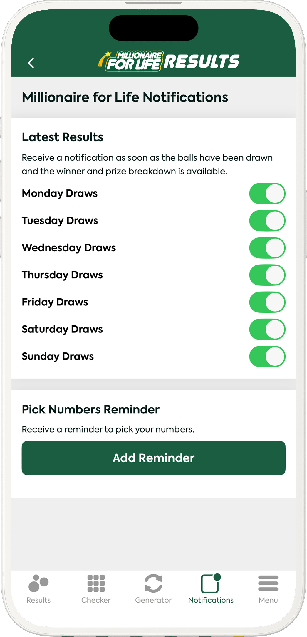 An image showing the Millionaire for Life app notification options