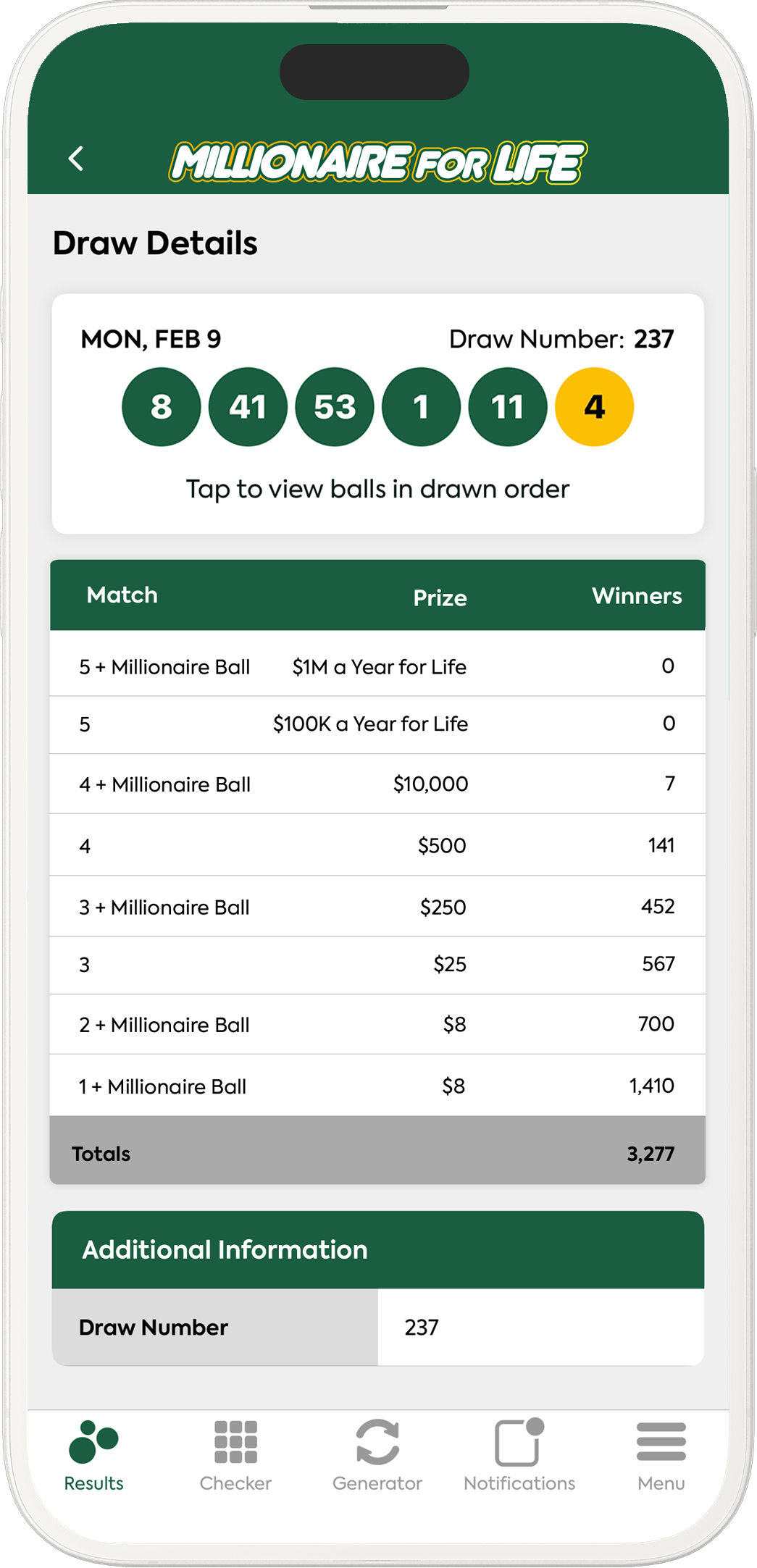 An image showing the Millionaire for Life app results pages