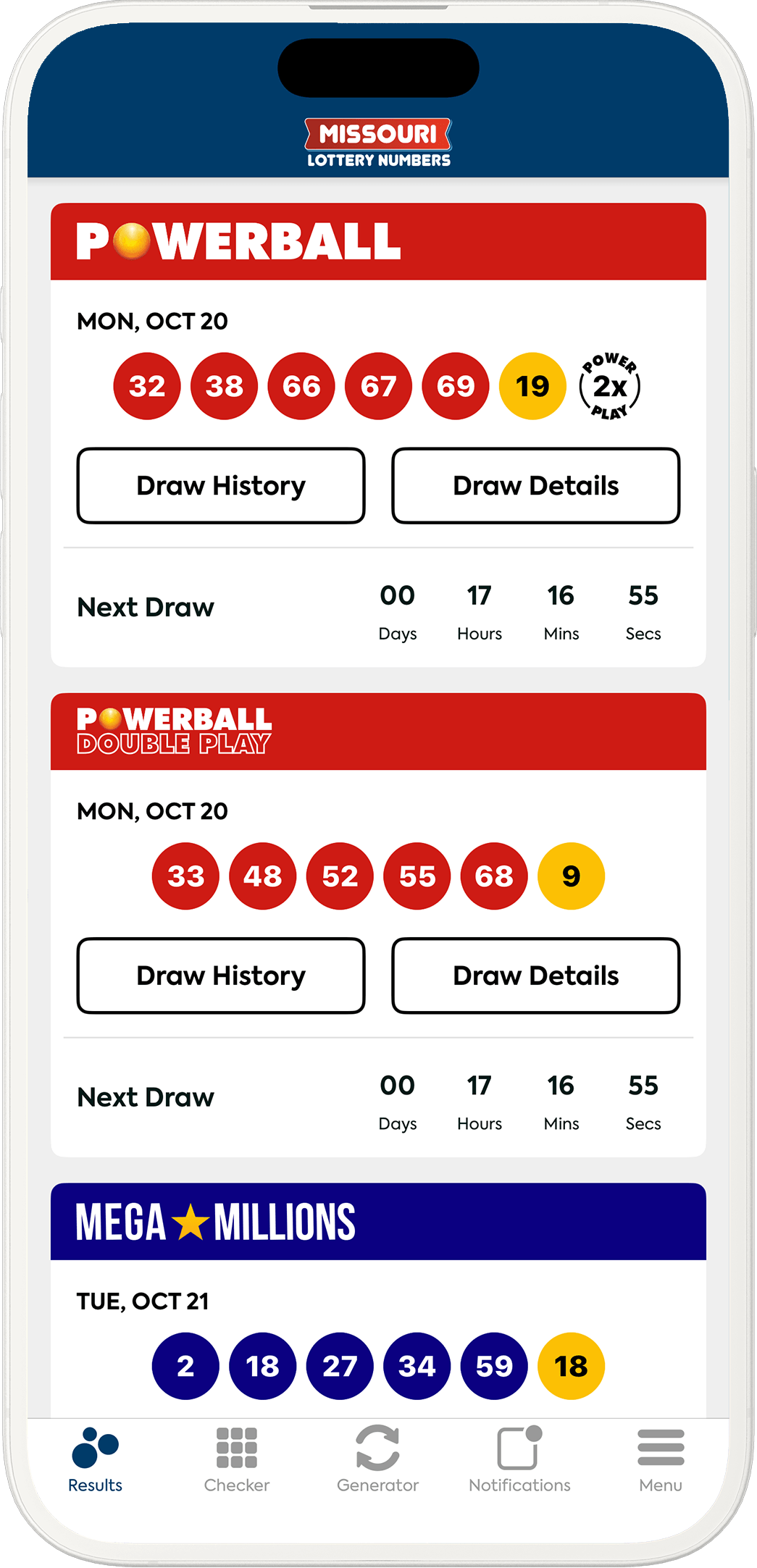 Image of the Missouri Lottery Results app on iOS