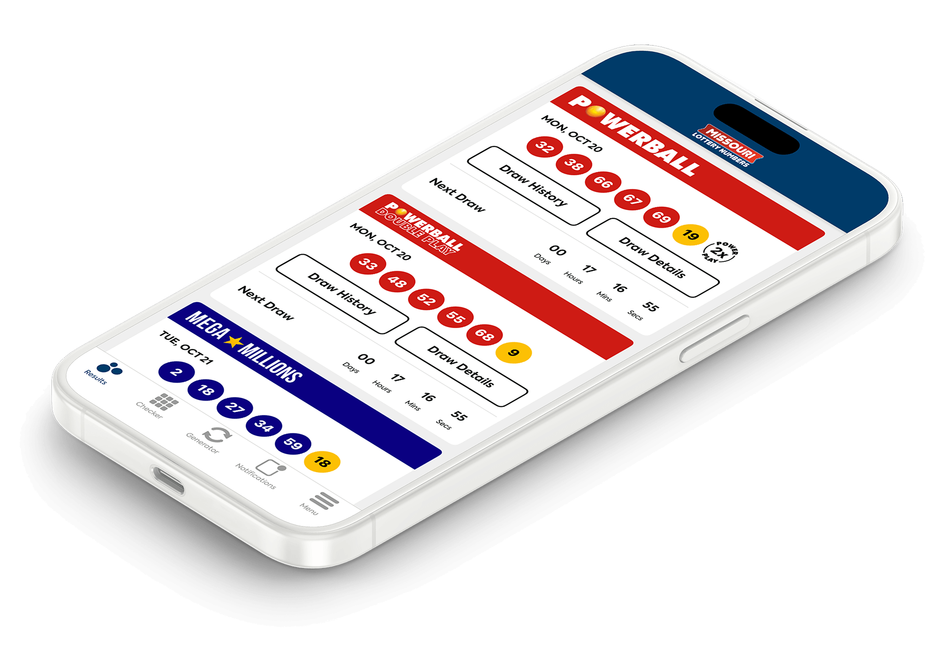 Image of the Missouri Lottery Results app on iOS