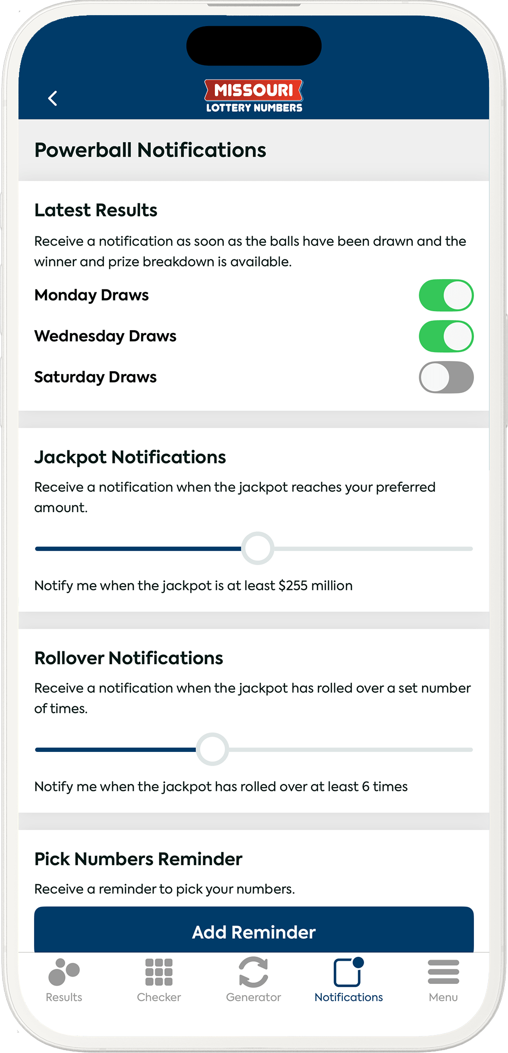 An image showing the Missouri app notification options