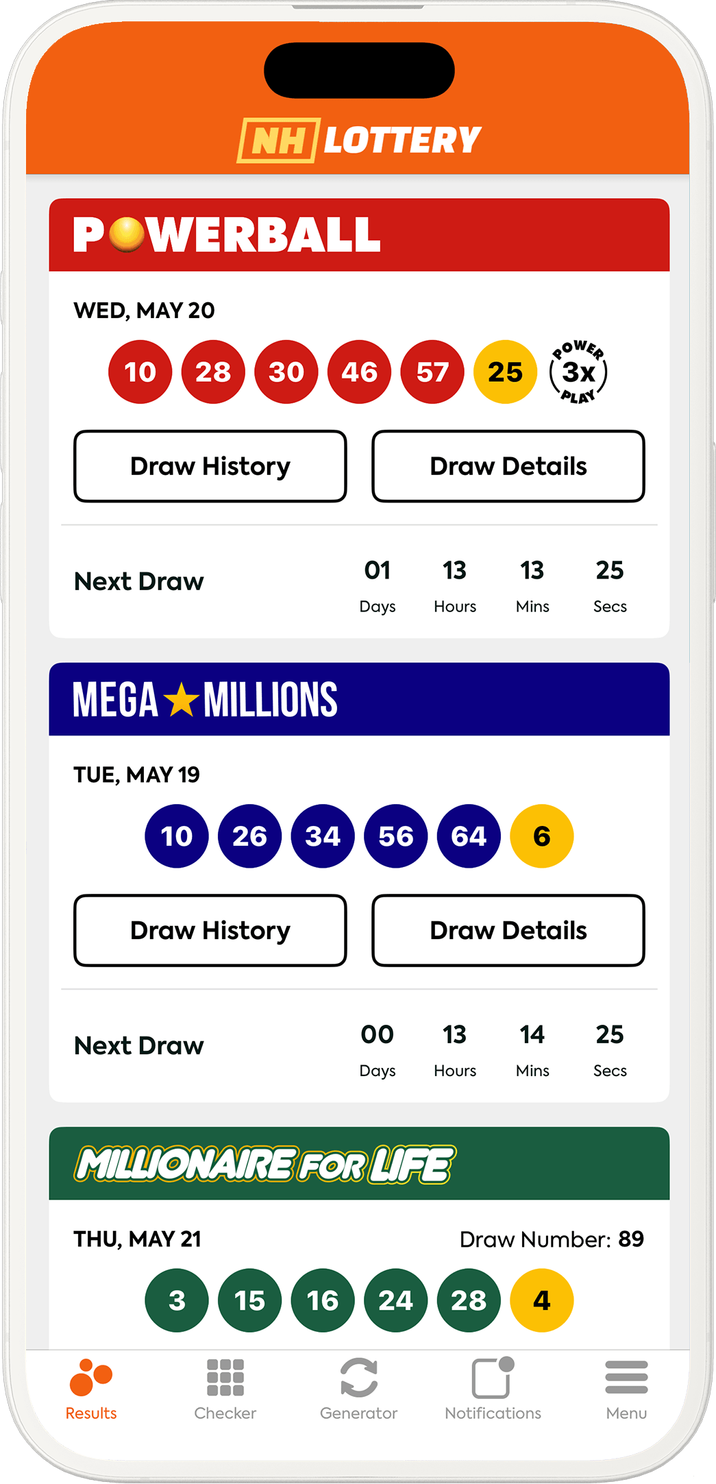 Image of the New Hampshire Lottery Results app on iOS