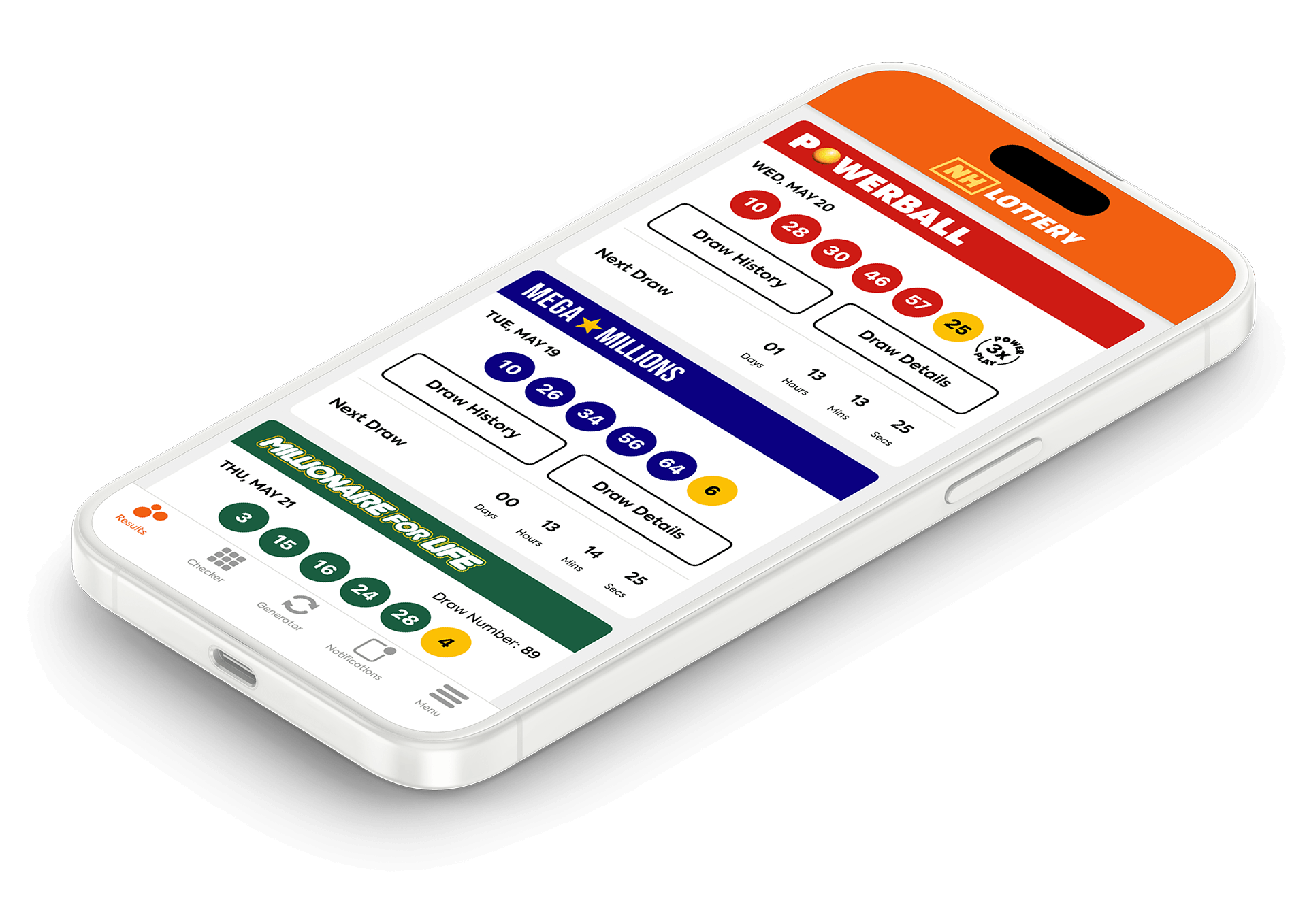 Image of the New Hampshire Lottery Results app on iOS