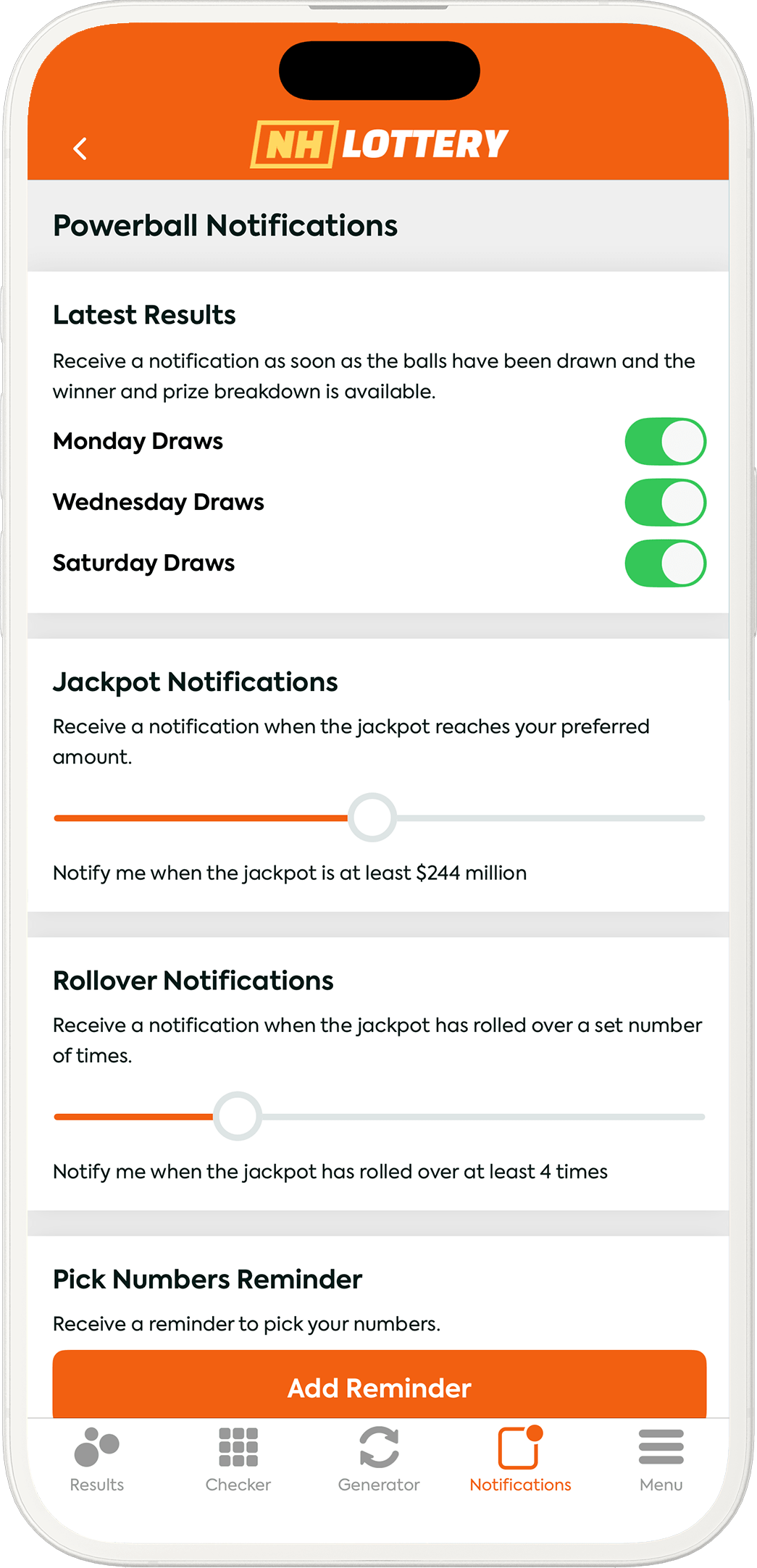An image showing the New Hampshire app notification options