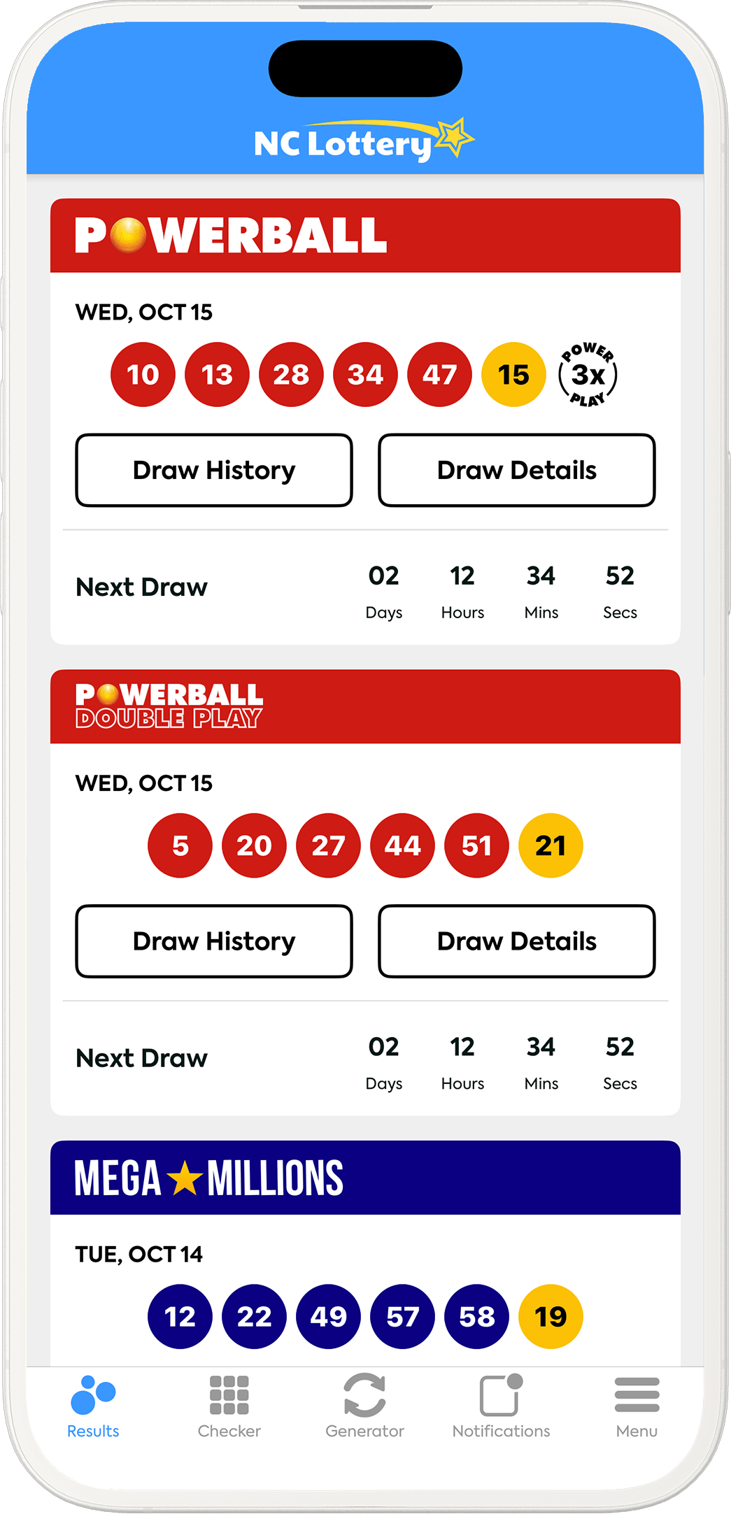 Image of the North Carolina Lottery Results app on iOS