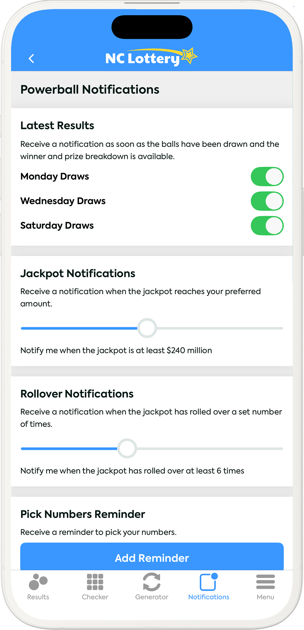 An image showing the North Carolina app notification options