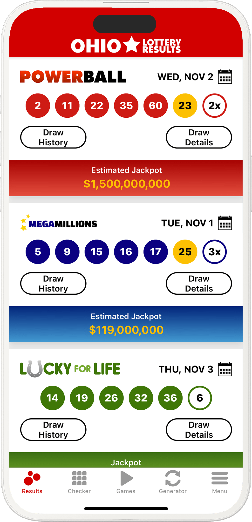 Image of the Ohio Lottery Results app on iOS