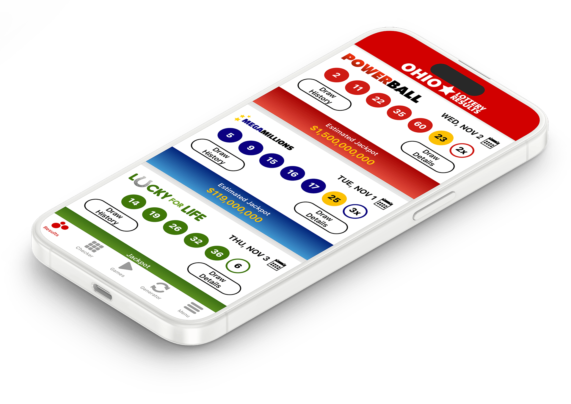 Image of the Ohio Lottery Results app on iOS