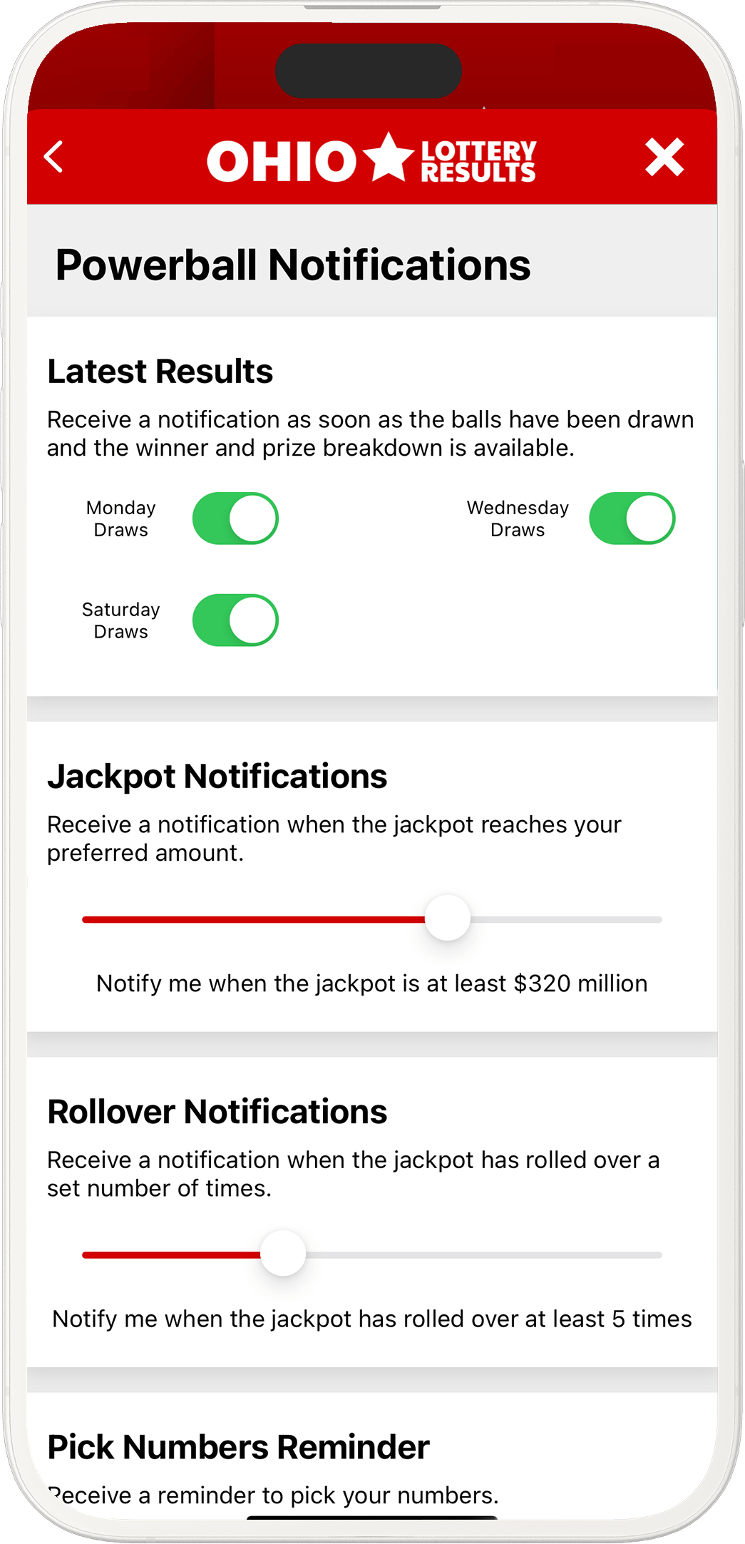 An image showing the Ohio app notification options