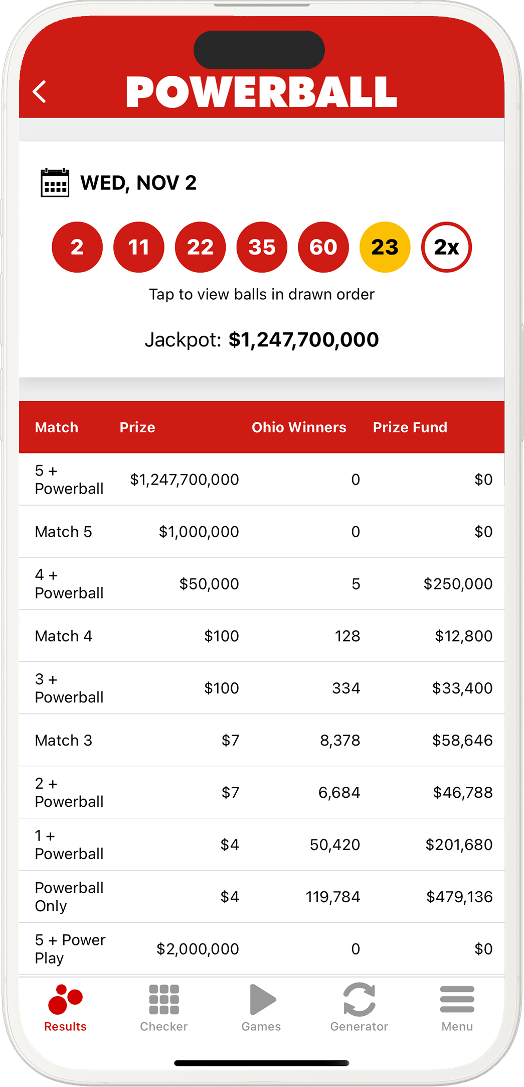 An image showing the Ohio app results pages