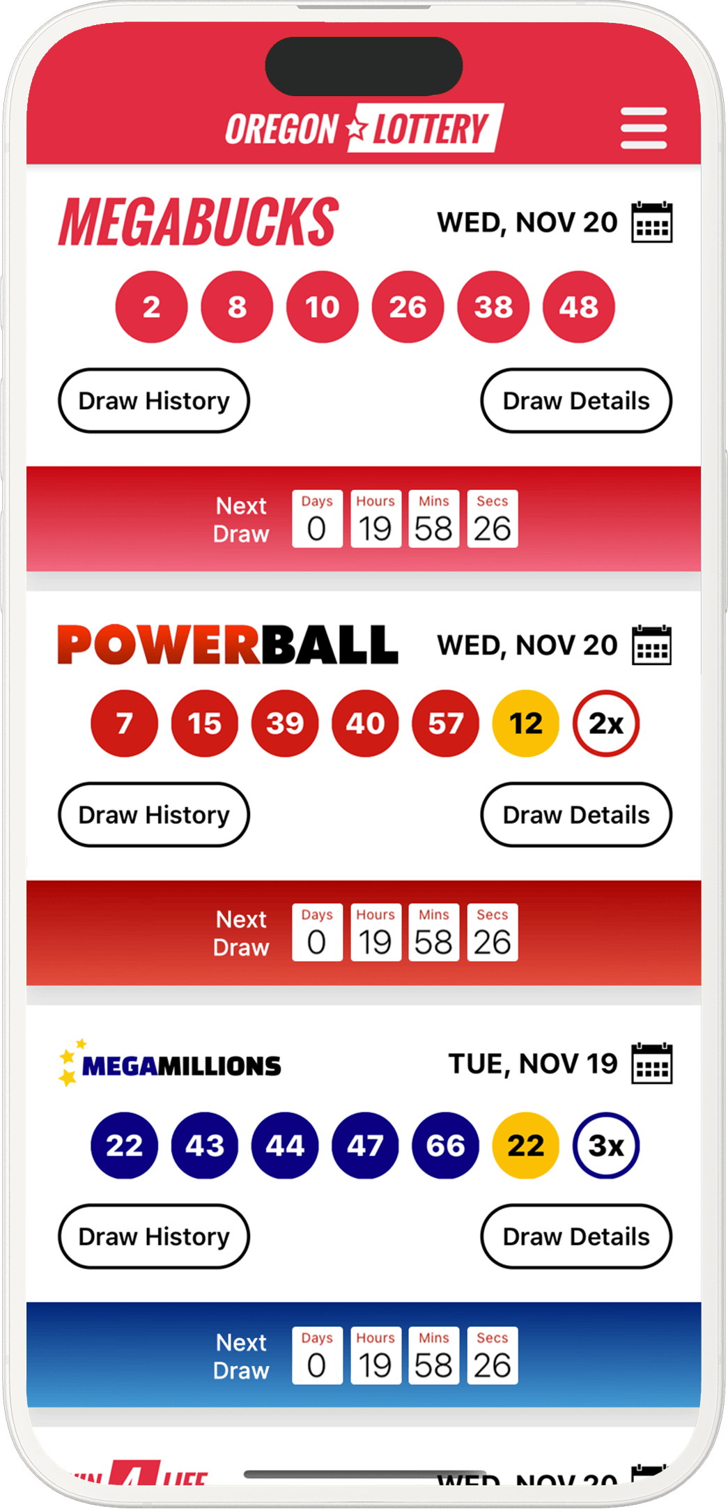 Image of the Oregon Lottery Results app on iOS
