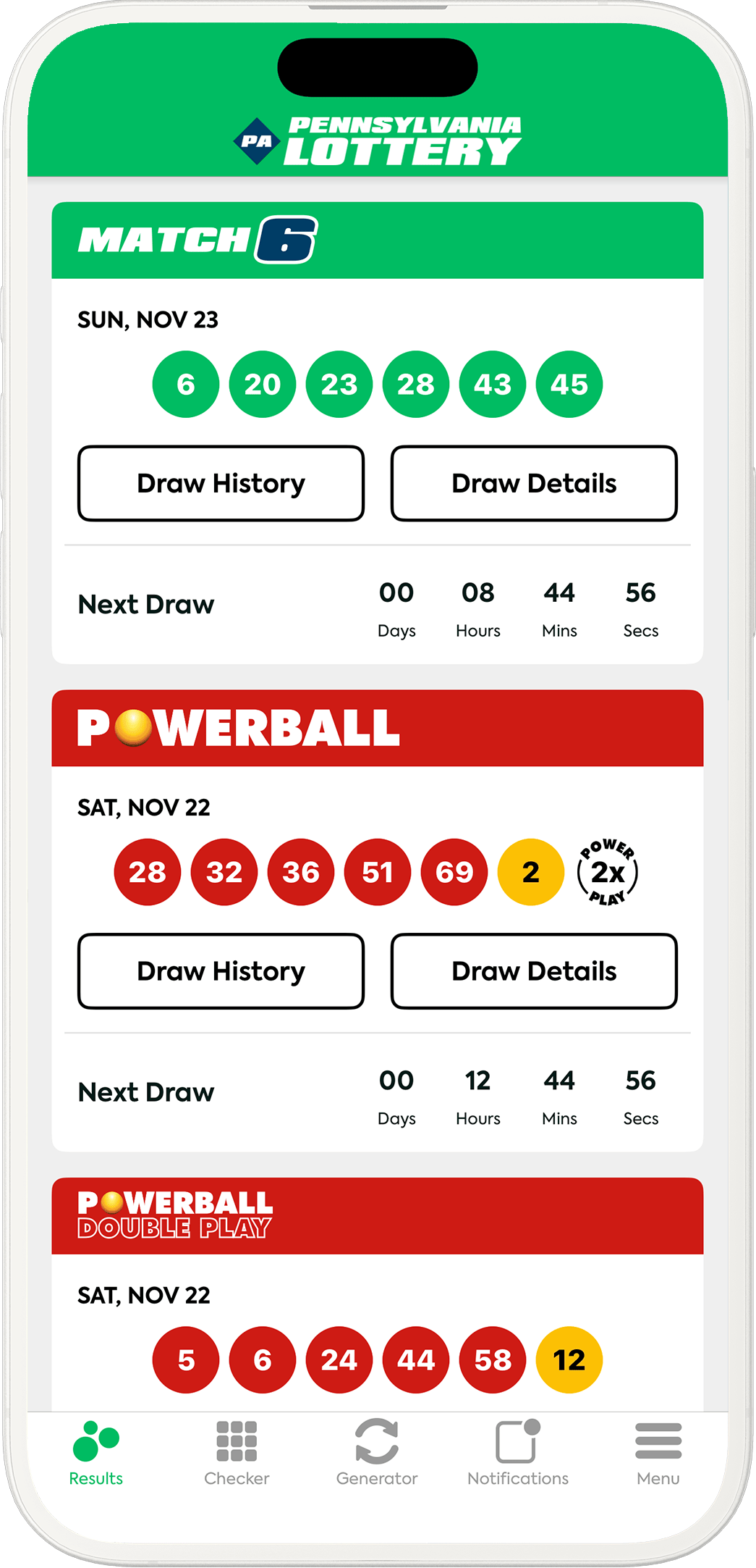 Image of the Pennsylvania Lottery Results app on iOS