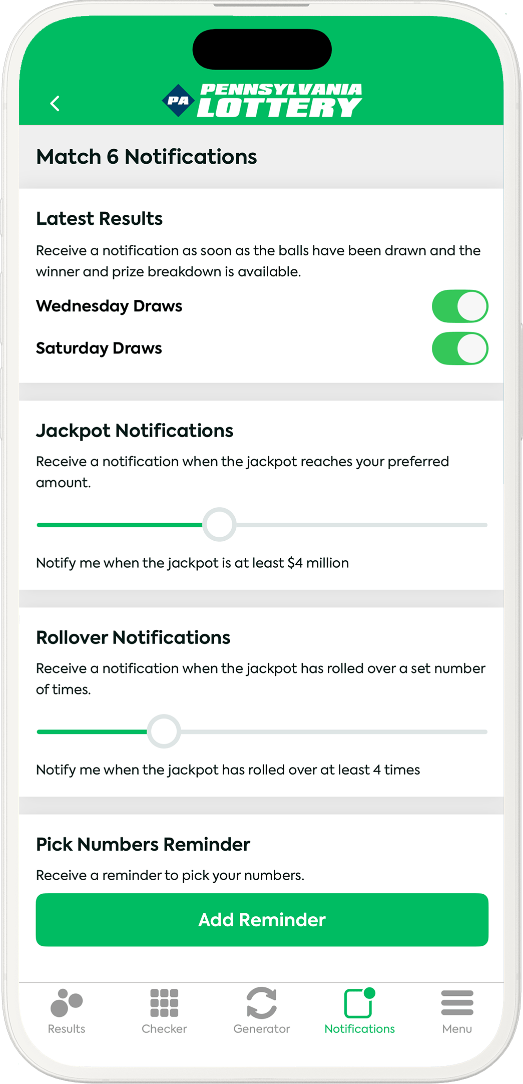 An image showing the Pennsylvania app notification options