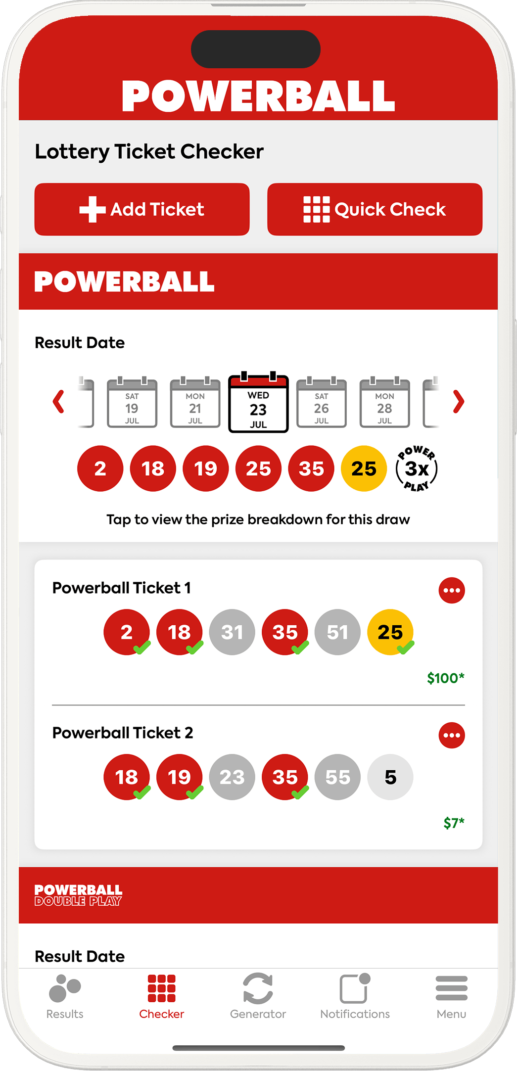 An image showing the Powerball app checker screen