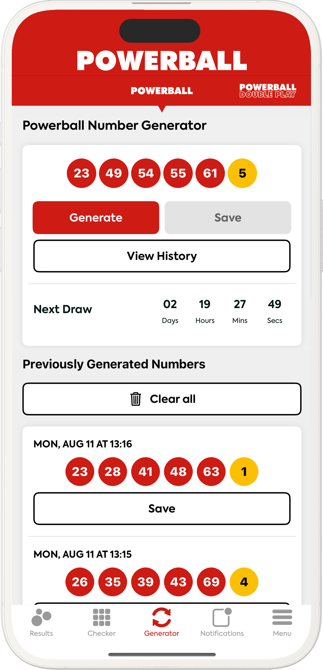An image showing the Powerball app generator screen